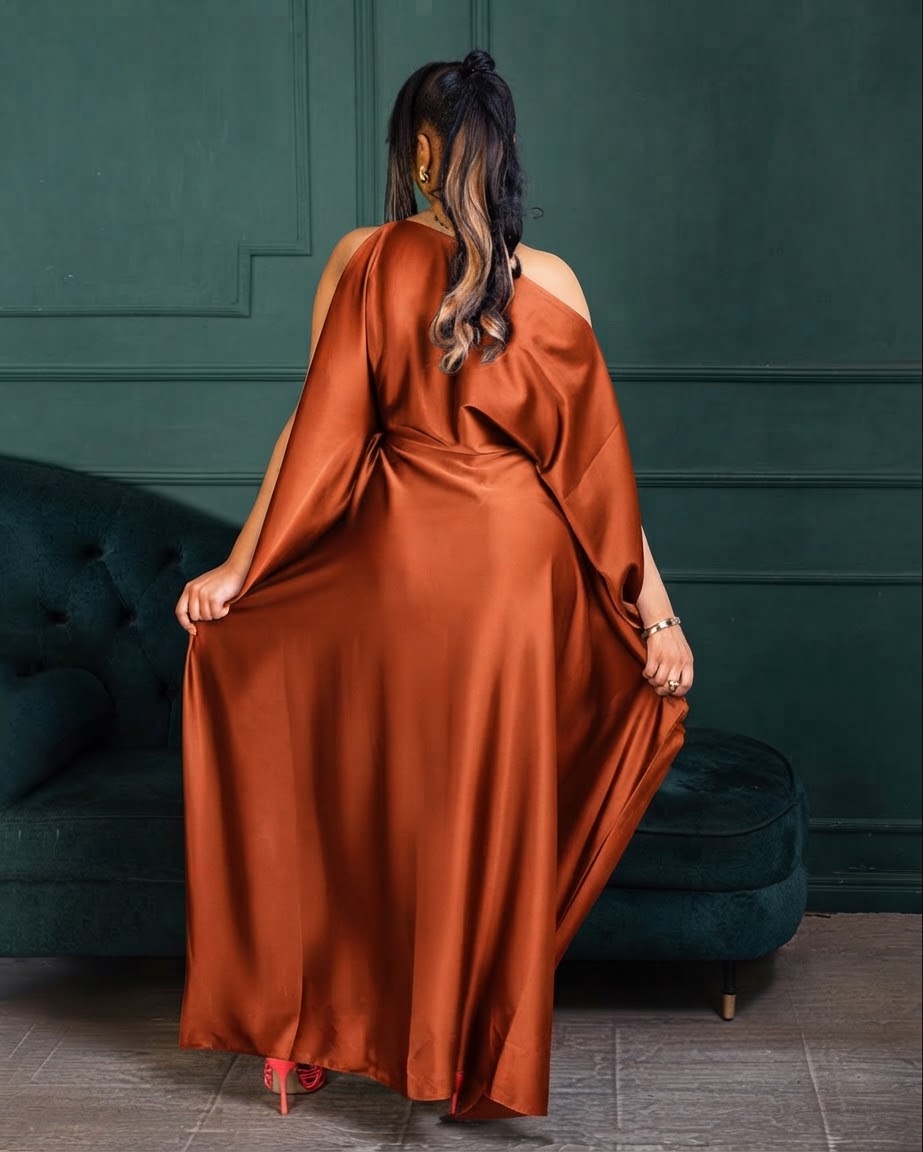 Nuru Elegant Crepe Kaftan Dress | Contemporary Women's Maxi Gown - Burnt Orange