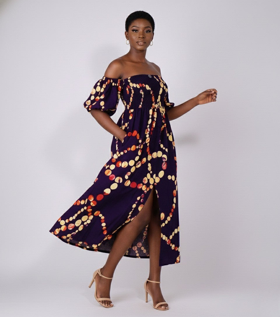 Jaali Women's African Print Off-Shoulder Maxi Dress (Purple)