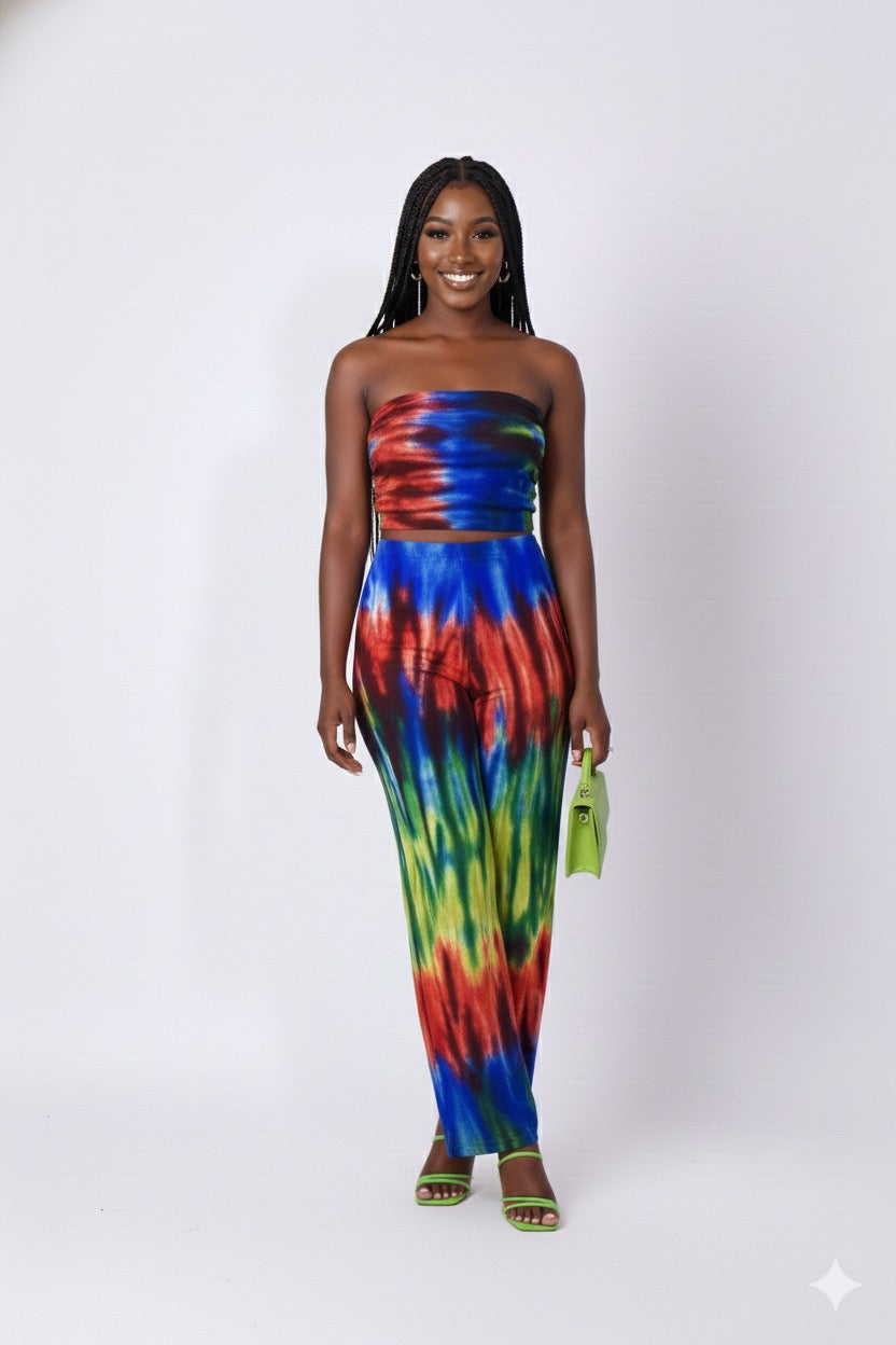 Feye Women's African Print Crop Top and Matching Wide-leg Pant Set (Multicolor)