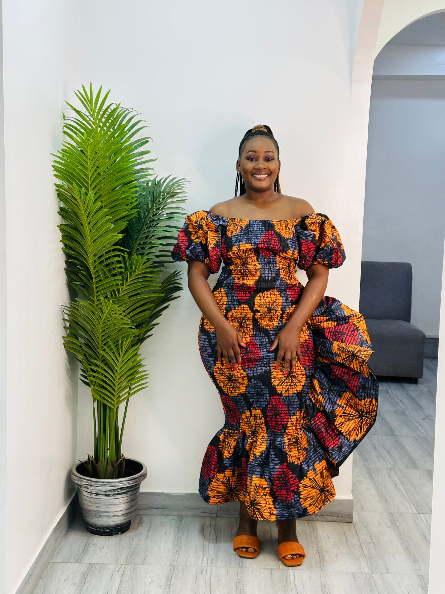 SETI Women's African Print Off-Shoulder Side Ruffle Dress