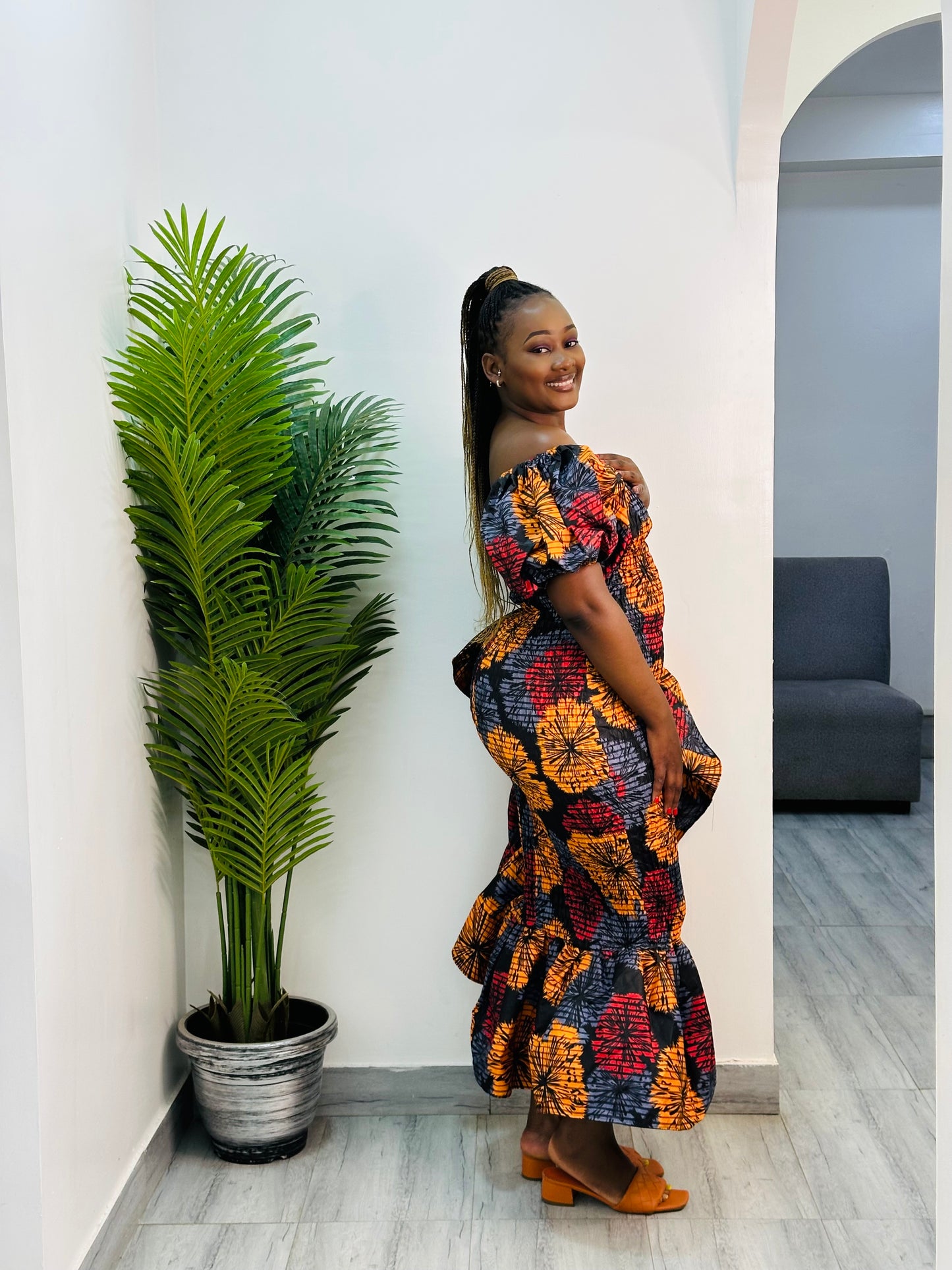 SETI Women's African Print Off-Shoulder Side Ruffle Dress