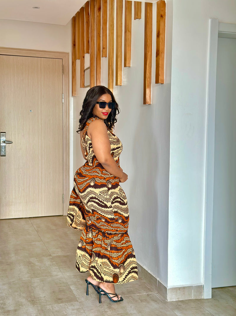 Cess Women's African Print One-Shoulder Ruffle Dress - Brown