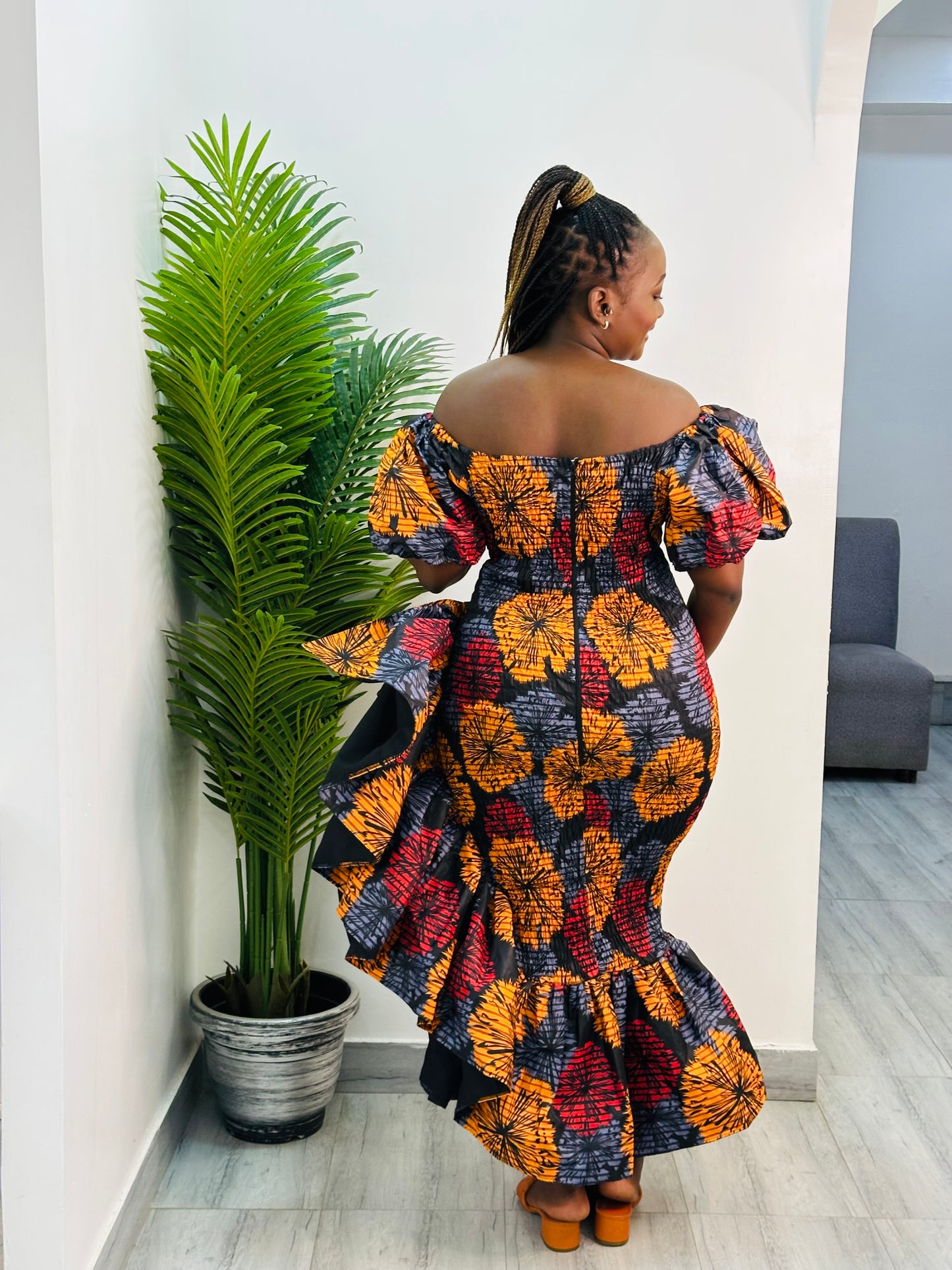 SETI Women's African Print Off-Shoulder Side Ruffle Dress