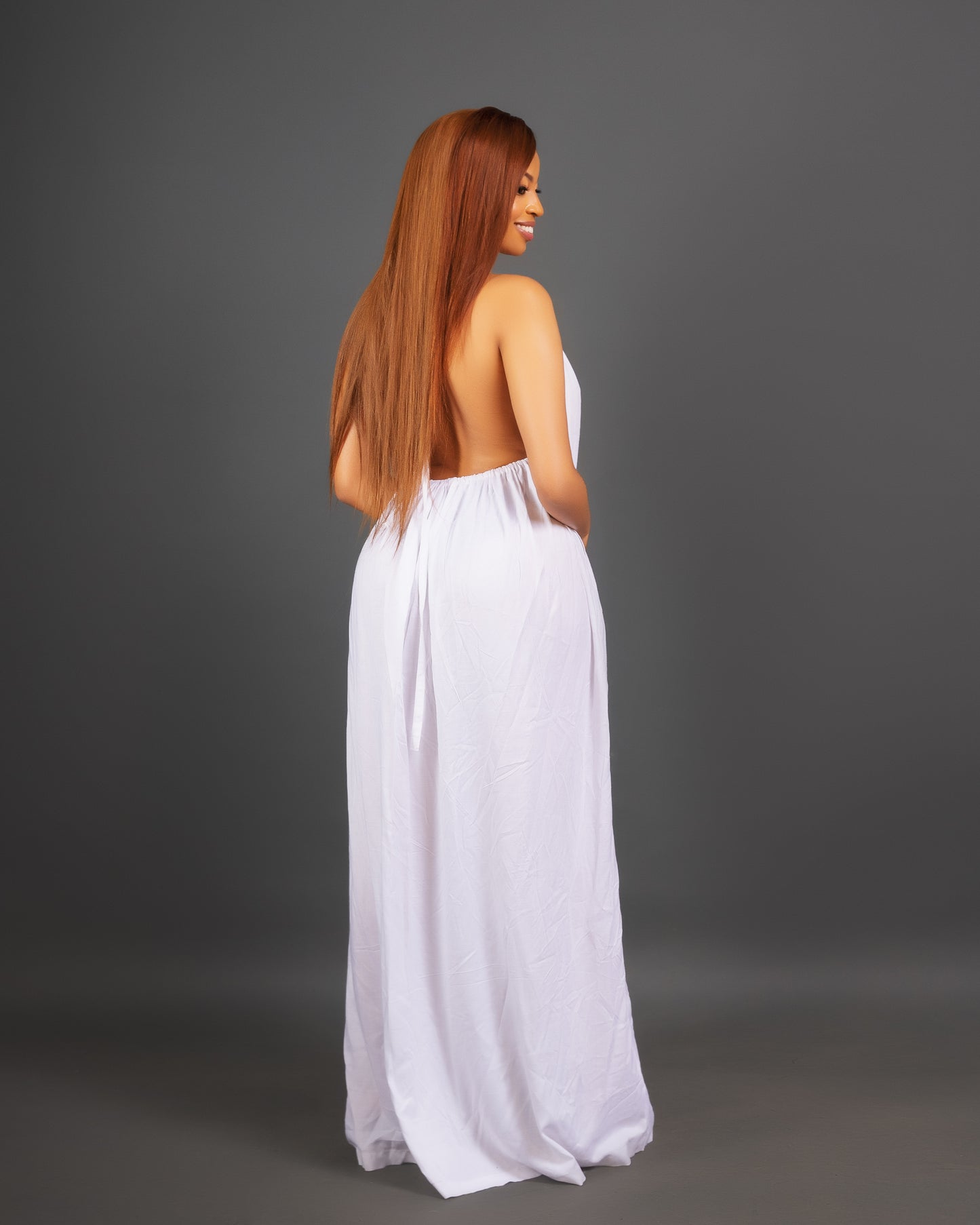 Zia Backless Maxi Dress | with in built boob support and head wrap - White