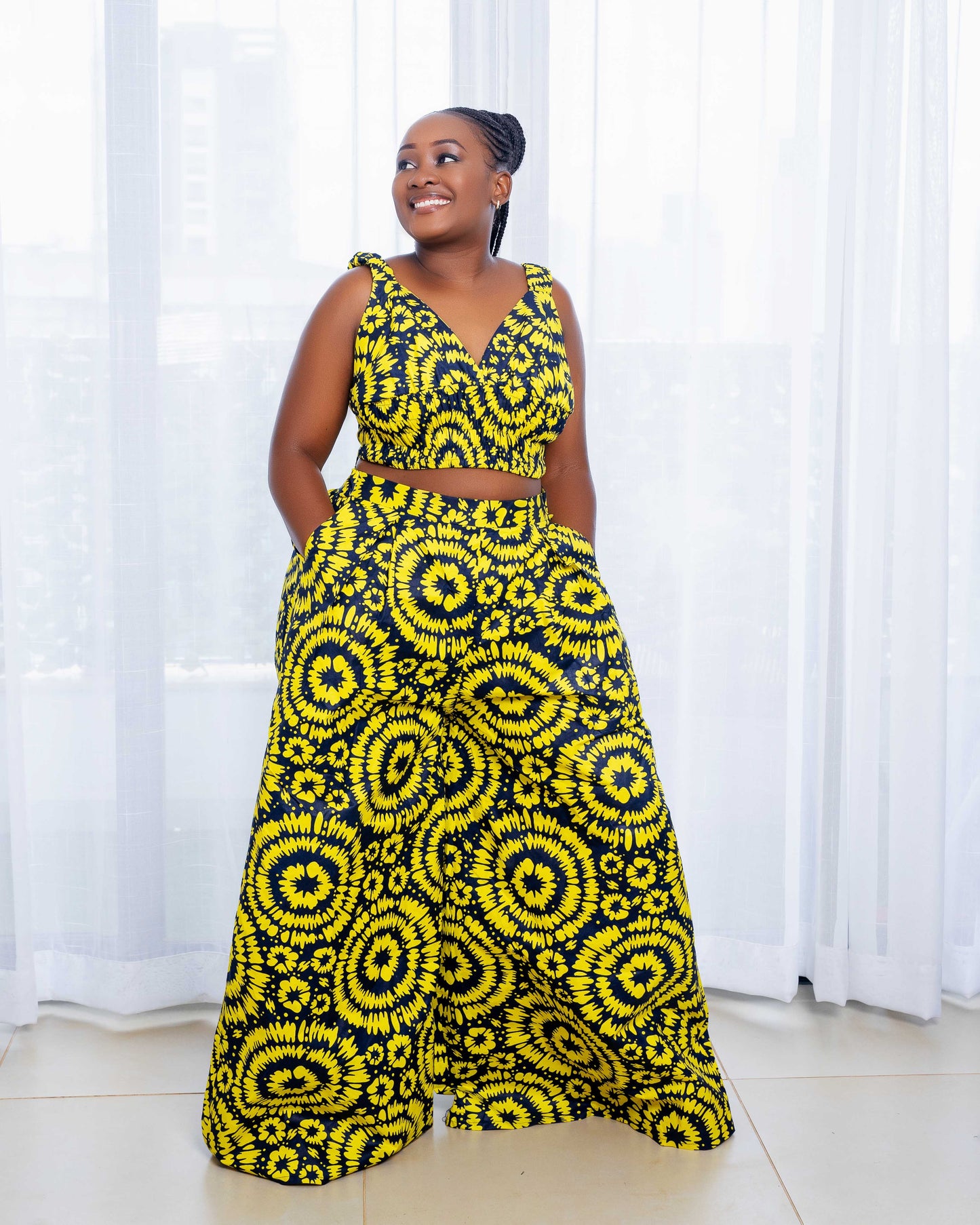 Belle Women's African Print Crop Top and Matching Wide-leg Pant Set Yellow