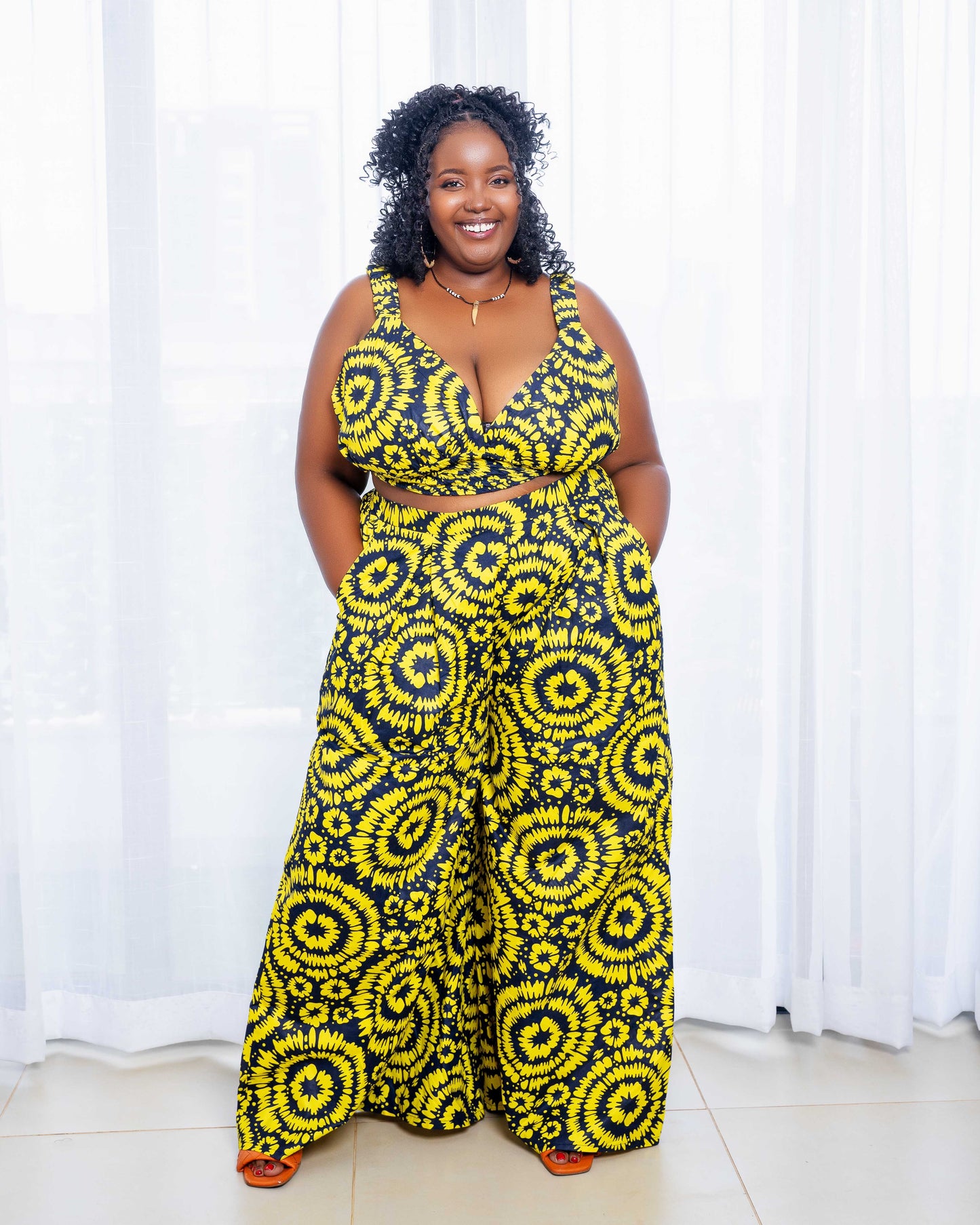 Belle Women's African Print Crop Top and Matching Wide-leg Pant Set Yellow