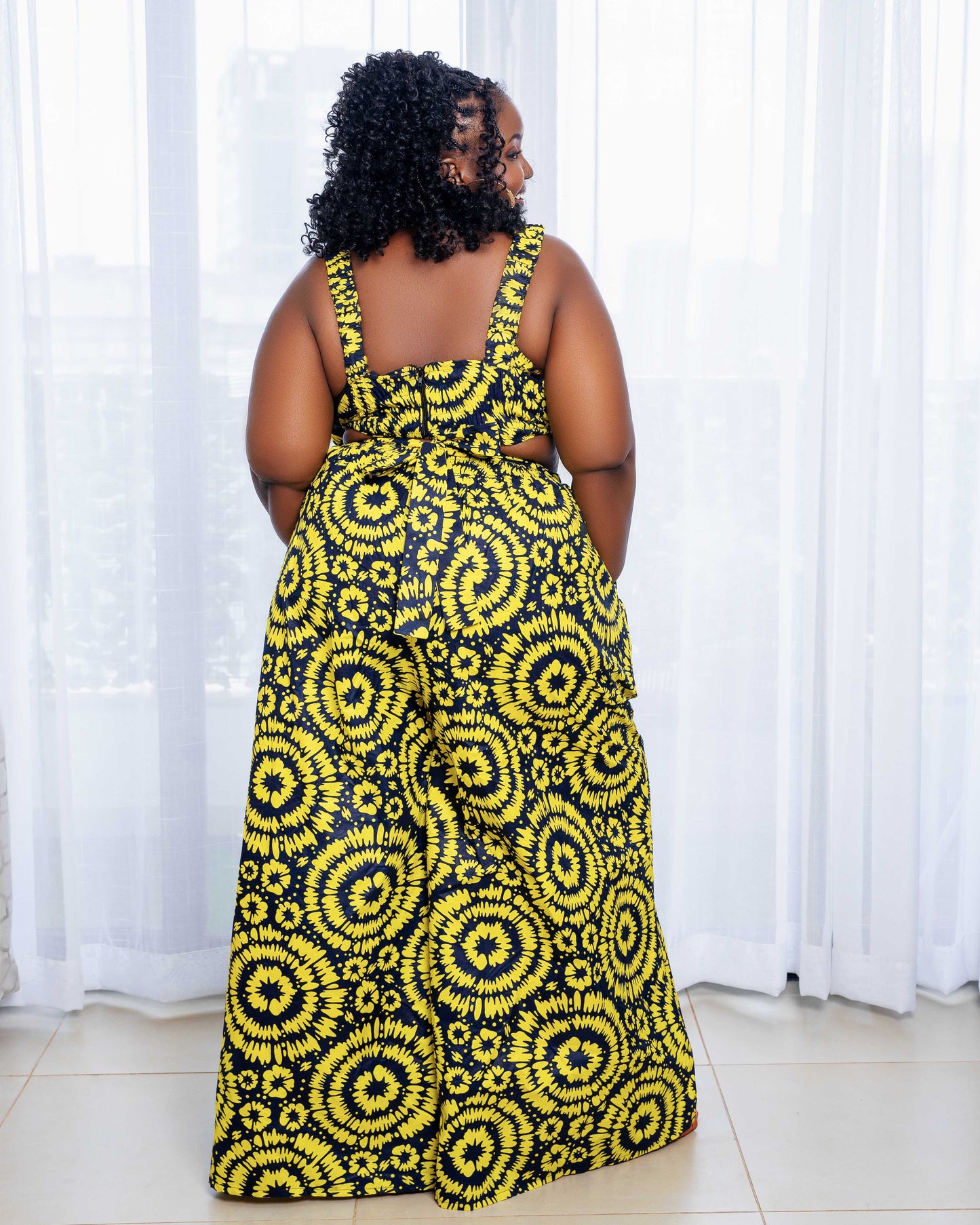 Belle Women's African Print Crop Top and Matching Wide-leg Pant Set Yellow