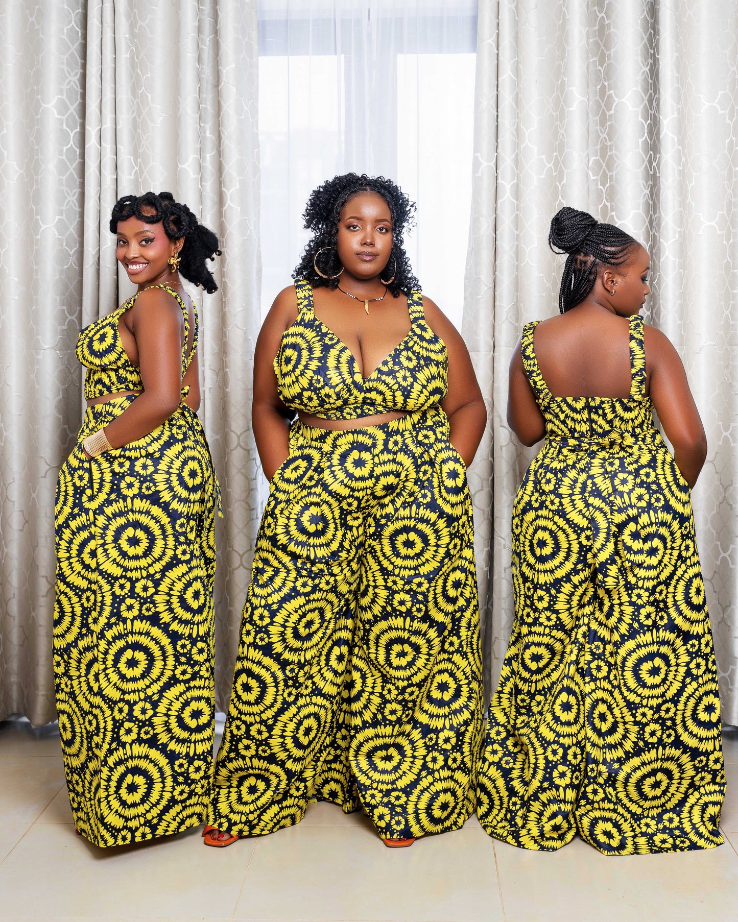 Belle Women's African Print Crop Top and Matching Wide-leg Pant Set Yellow