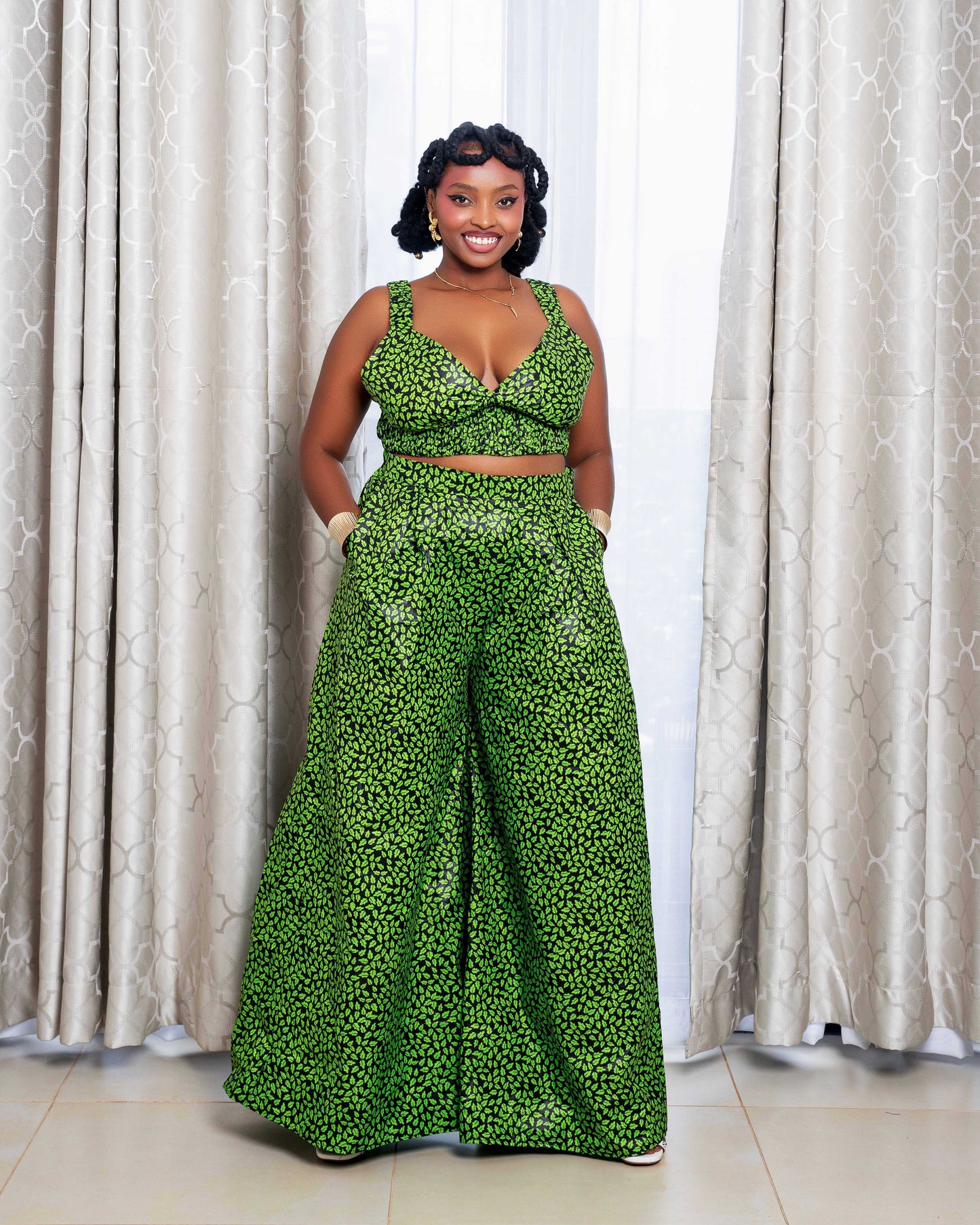 Belle Women's African Print Crop Top and Matching Wide-leg Pant Set Green
