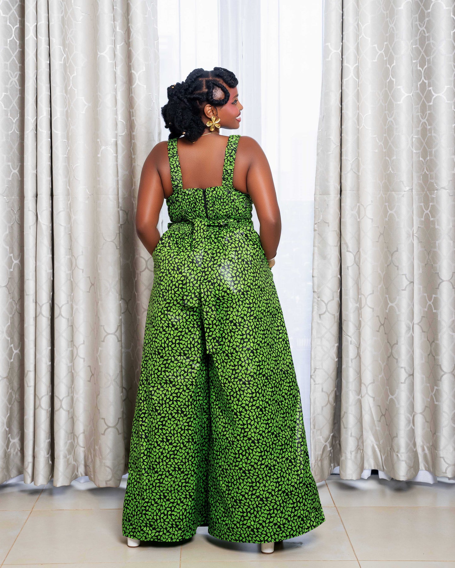 Belle Women's African Print Crop Top and Matching Wide-leg Pant Set Green