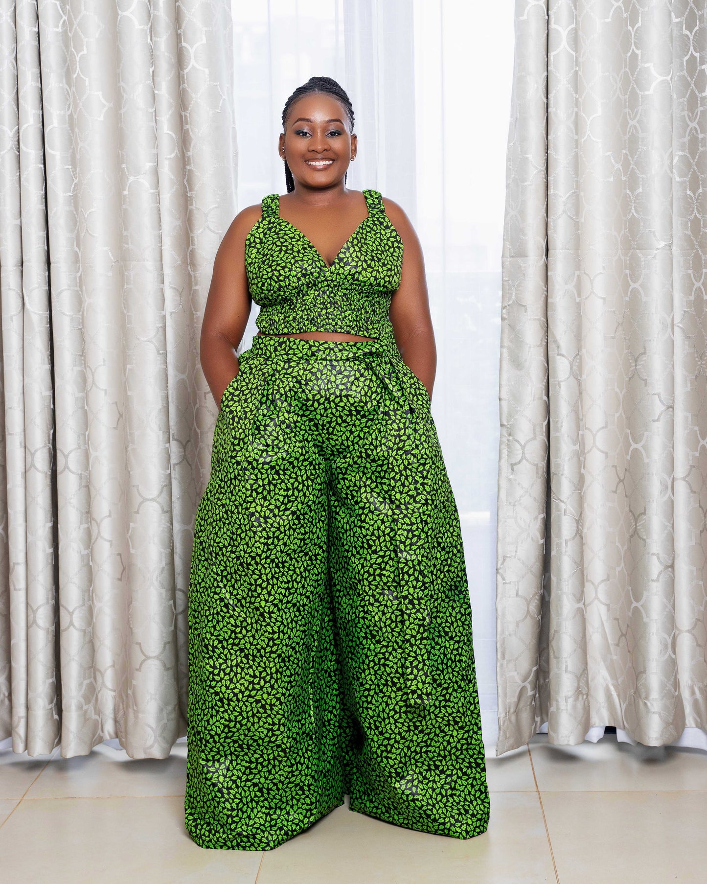 Belle Women's African Print Crop Top and Matching Wide-leg Pant Set Green