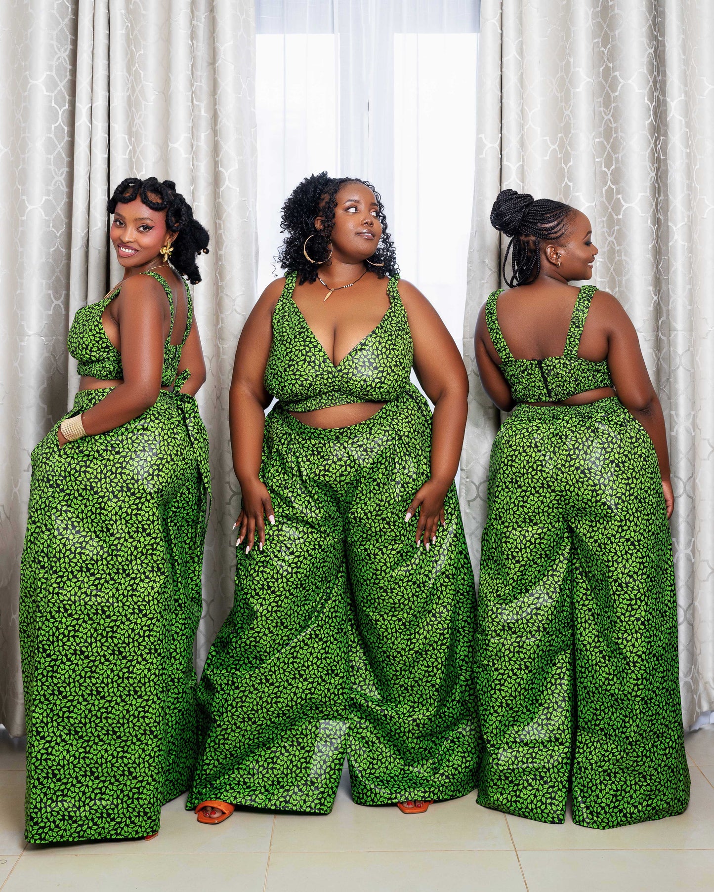 Belle Women's African Print Crop Top and Matching Wide-leg Pant Set Green