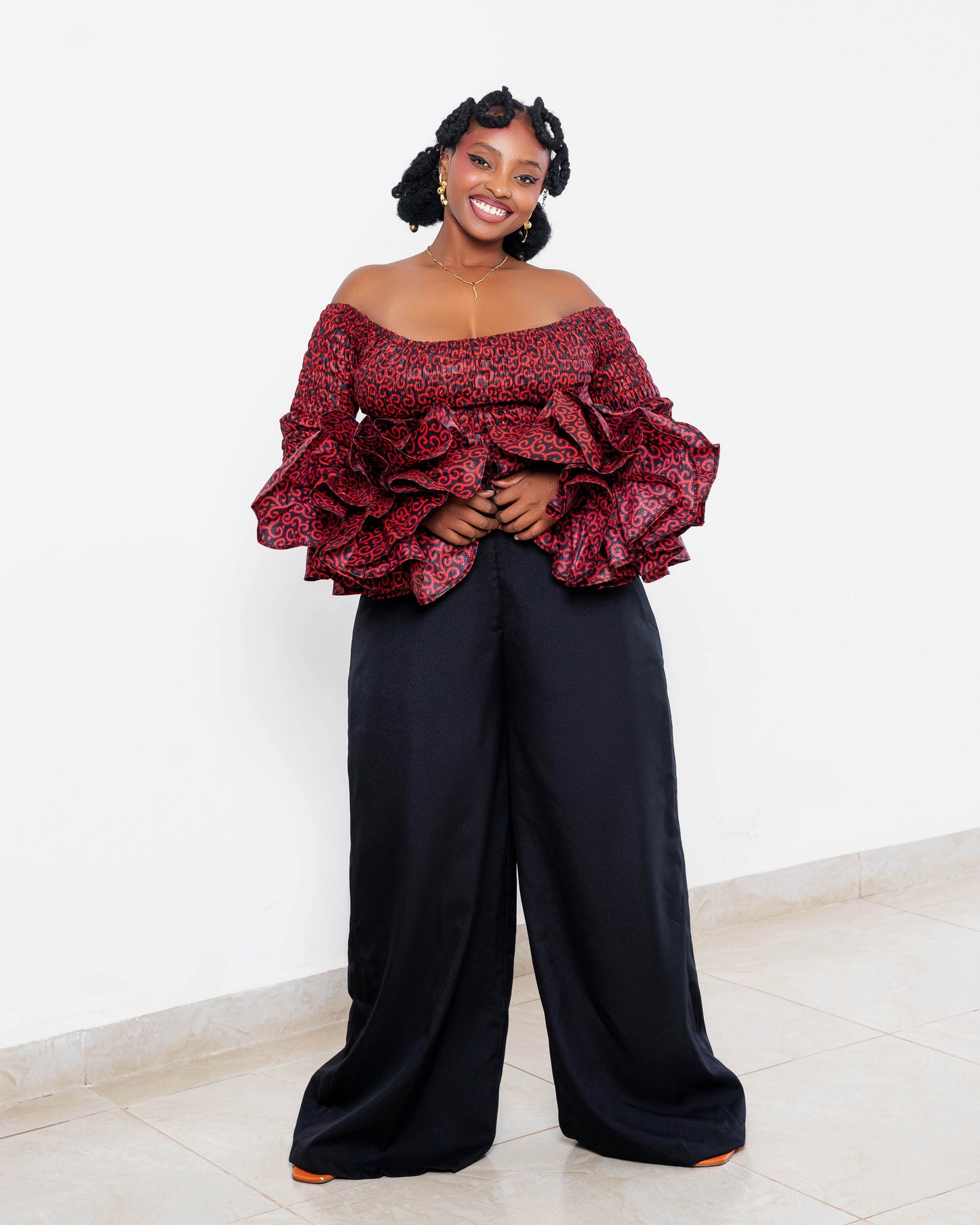 Soso Women's African Print Top with Dramatic Sleeves Red