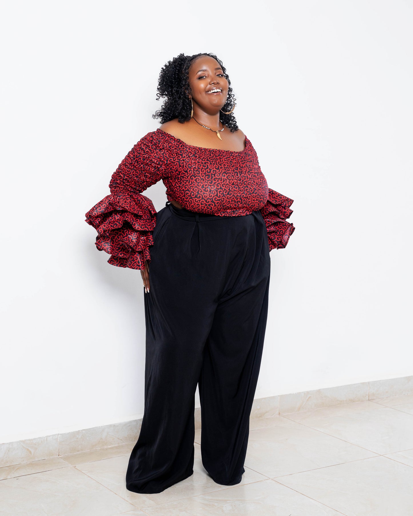 Soso Women's African Print Top with Dramatic Sleeves Red