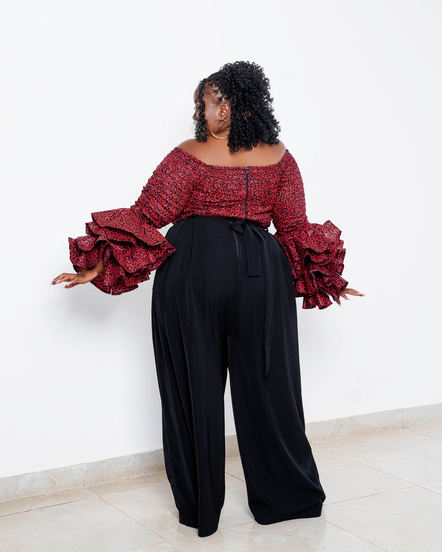 Soso Women's African Print Top with Dramatic Sleeves Red