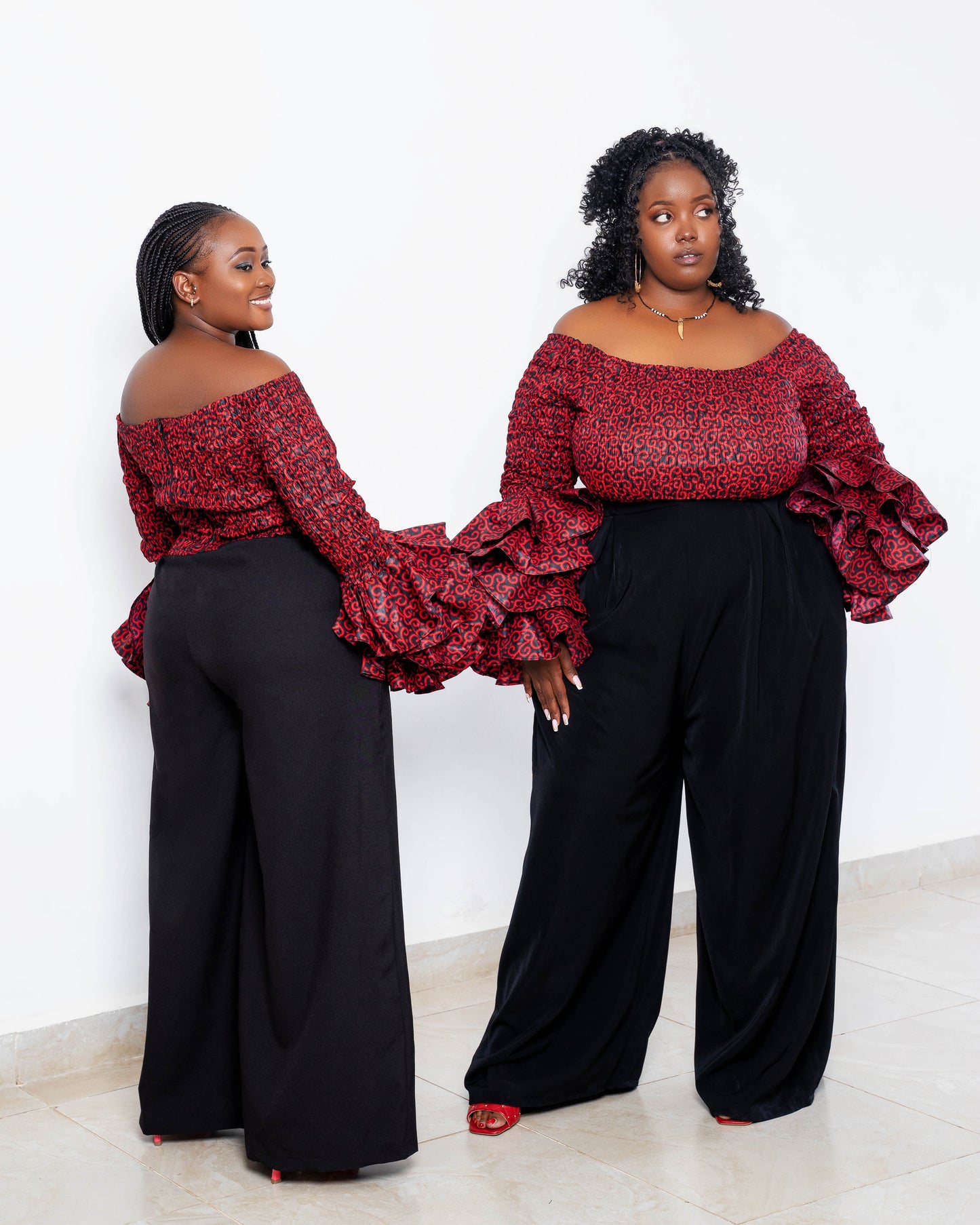 Soso Women's African Print Top with Dramatic Sleeves Red