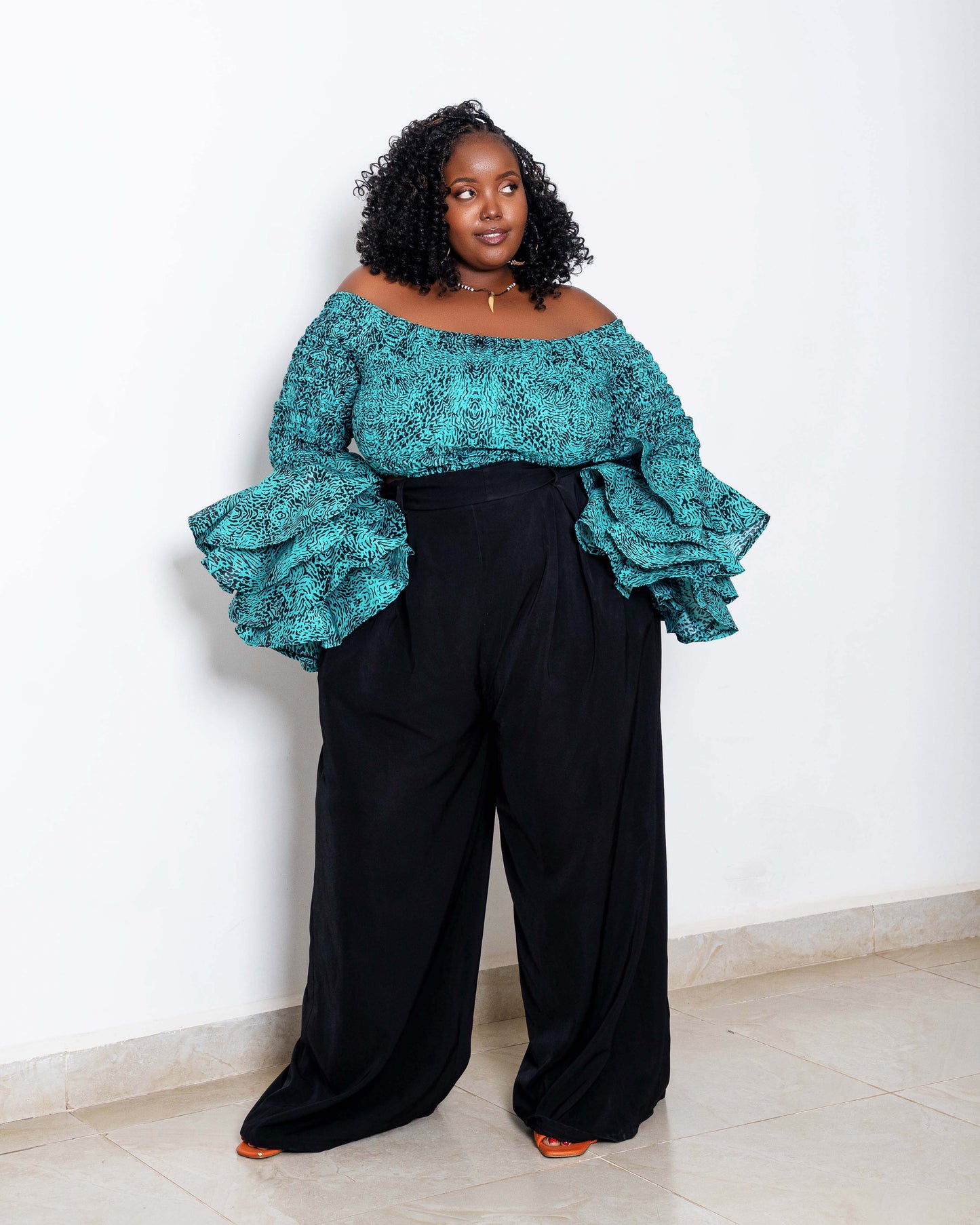 Soso Women's African Print Top with Dramatic Sleeves - Turquoise