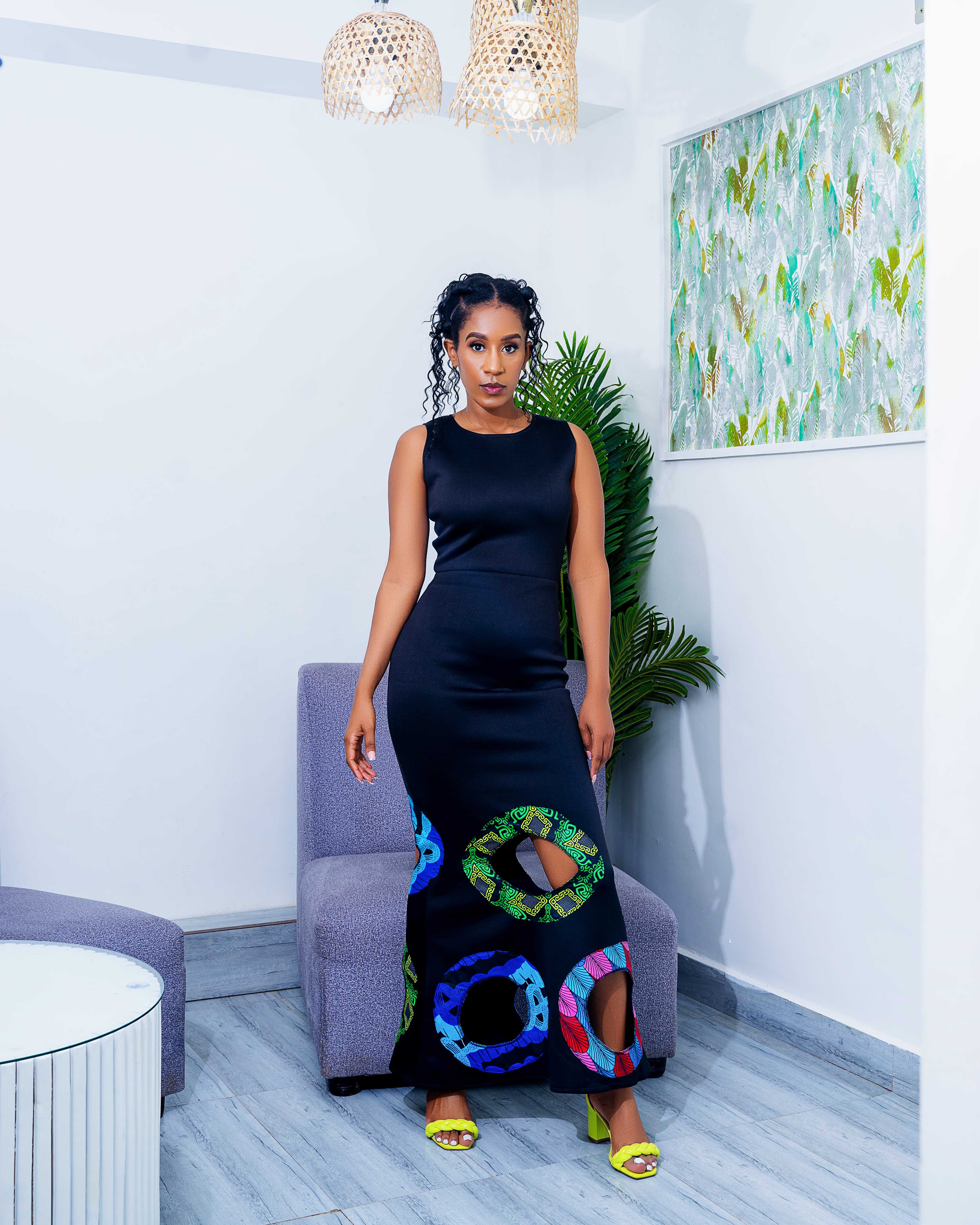 Olu Black Fitting Maxi Dress with African Fabric Accents Olu Black Fitting Maxi Dress with African Fabric Accents