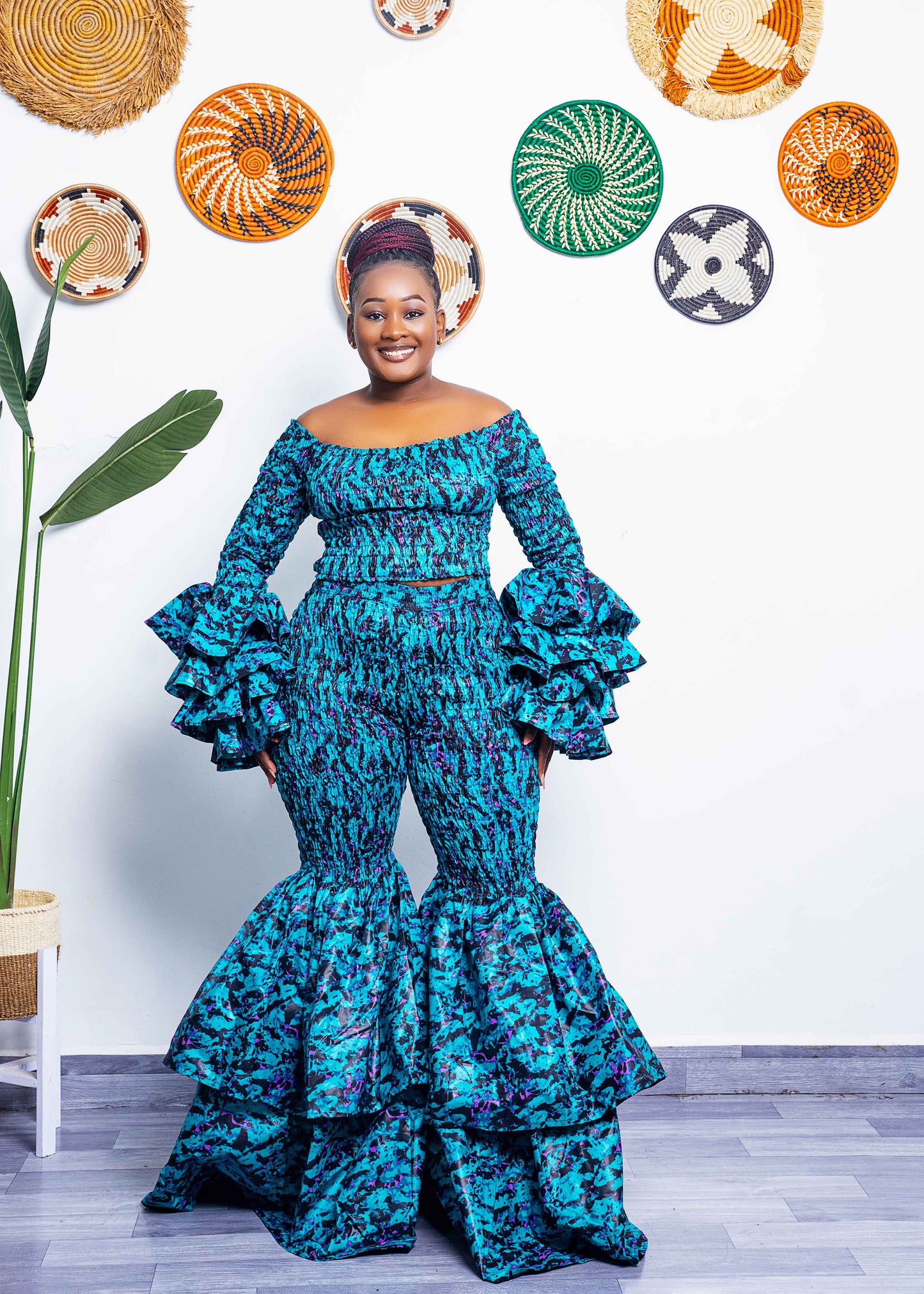 Kimi Women's African Print Bell Bottom Pants - Blue