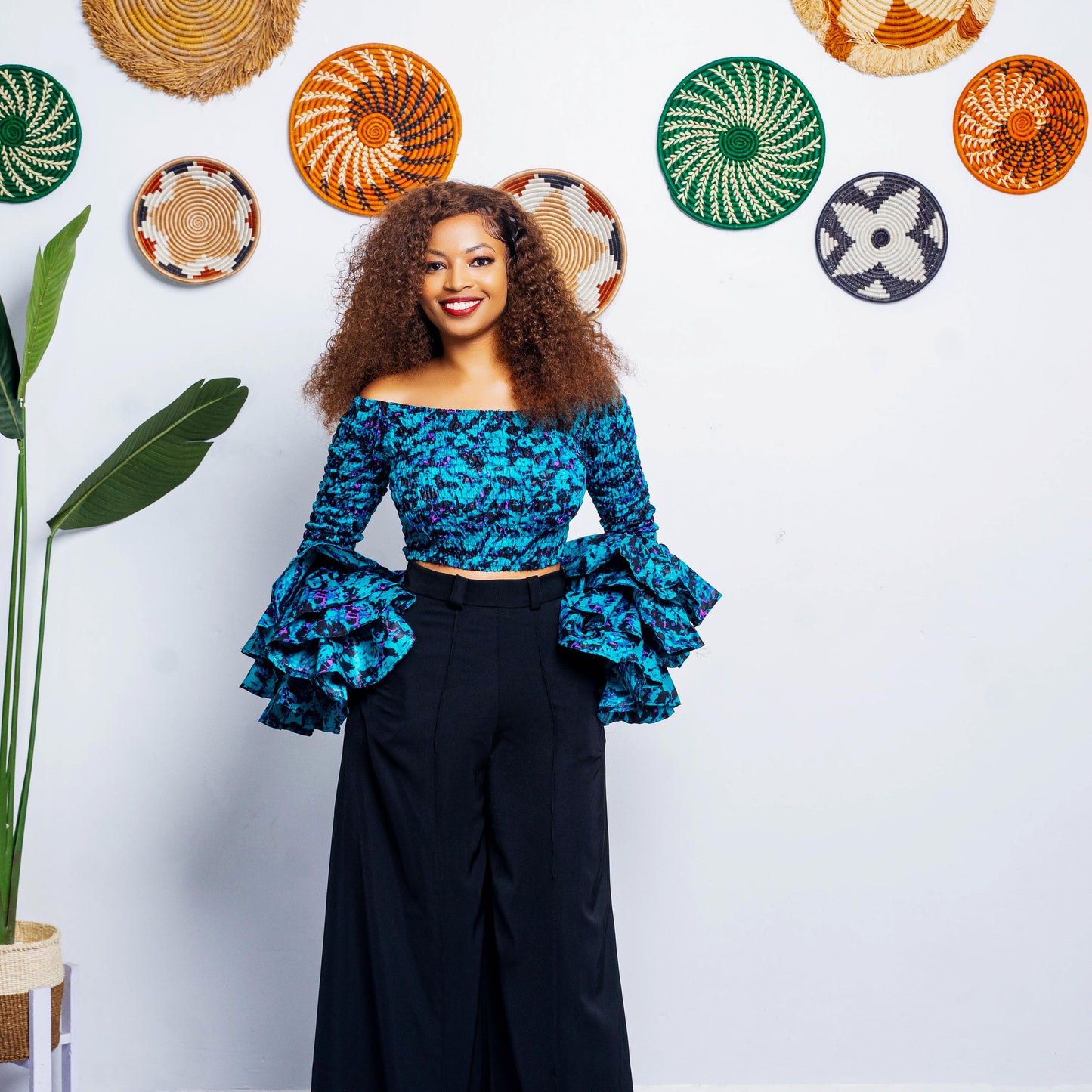Soso Women's African Print Top with Dramatic Sleeves - Blue