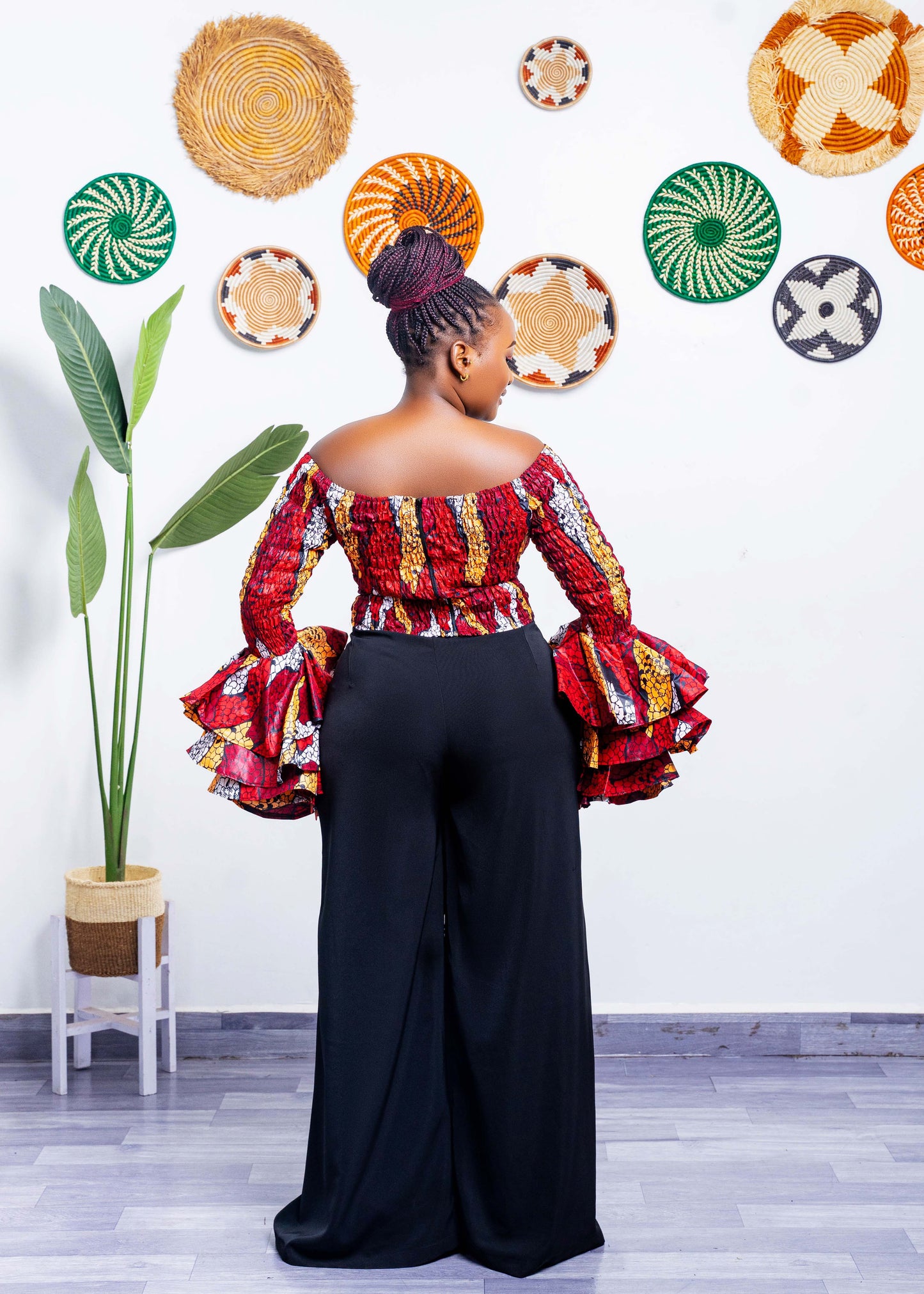 Soso Women's African Print Top with Dramatic Sleeves - Red