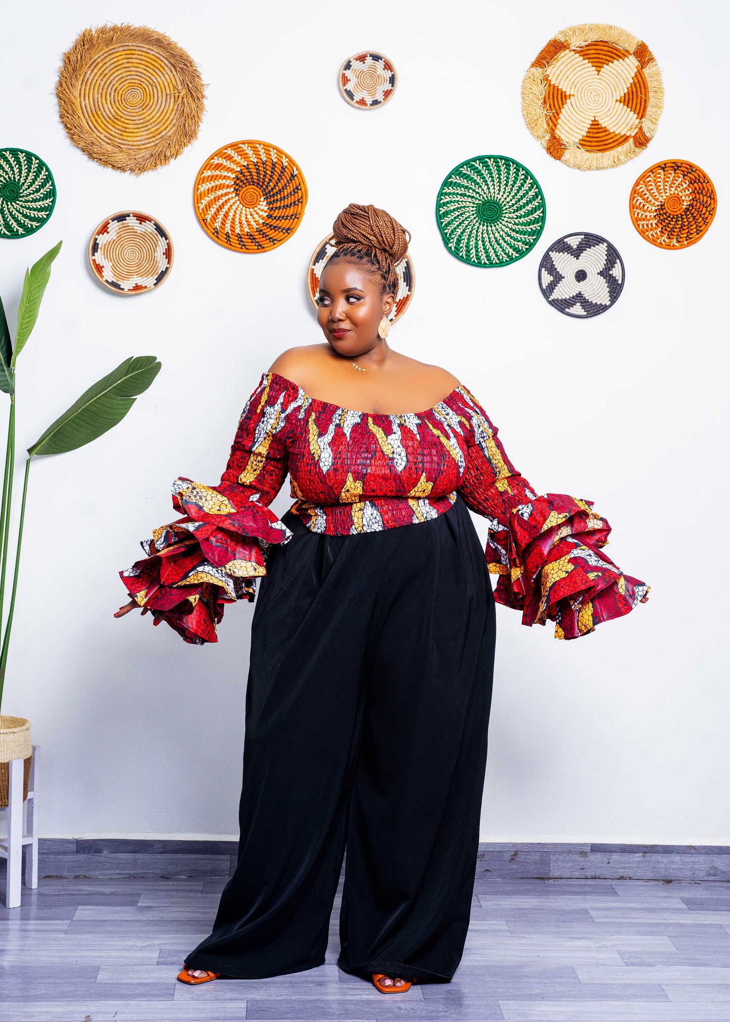 Soso Women's African Print Top with Dramatic Sleeves - Red