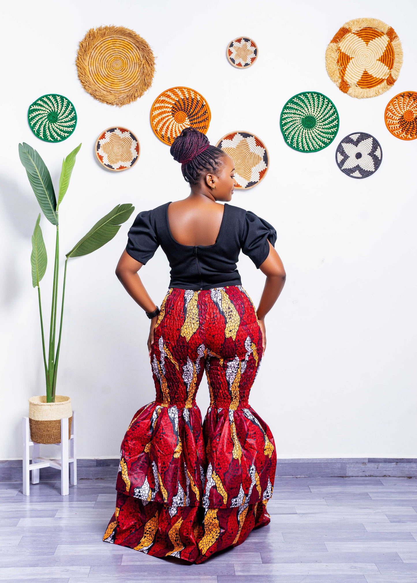 Kimi Women's African Print Bell Bottom Pants - Red/White