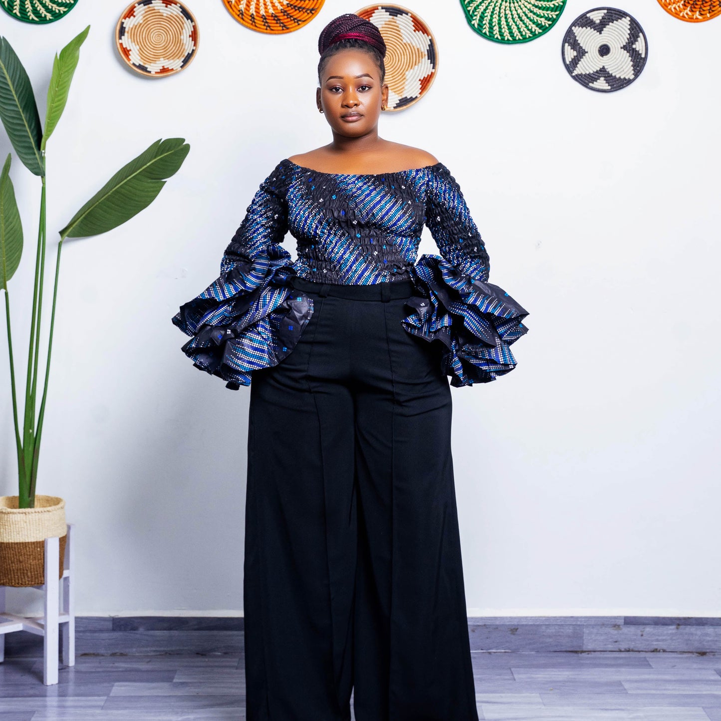Soso Women's African Print Top with Dramatic Sleeves - BLACK