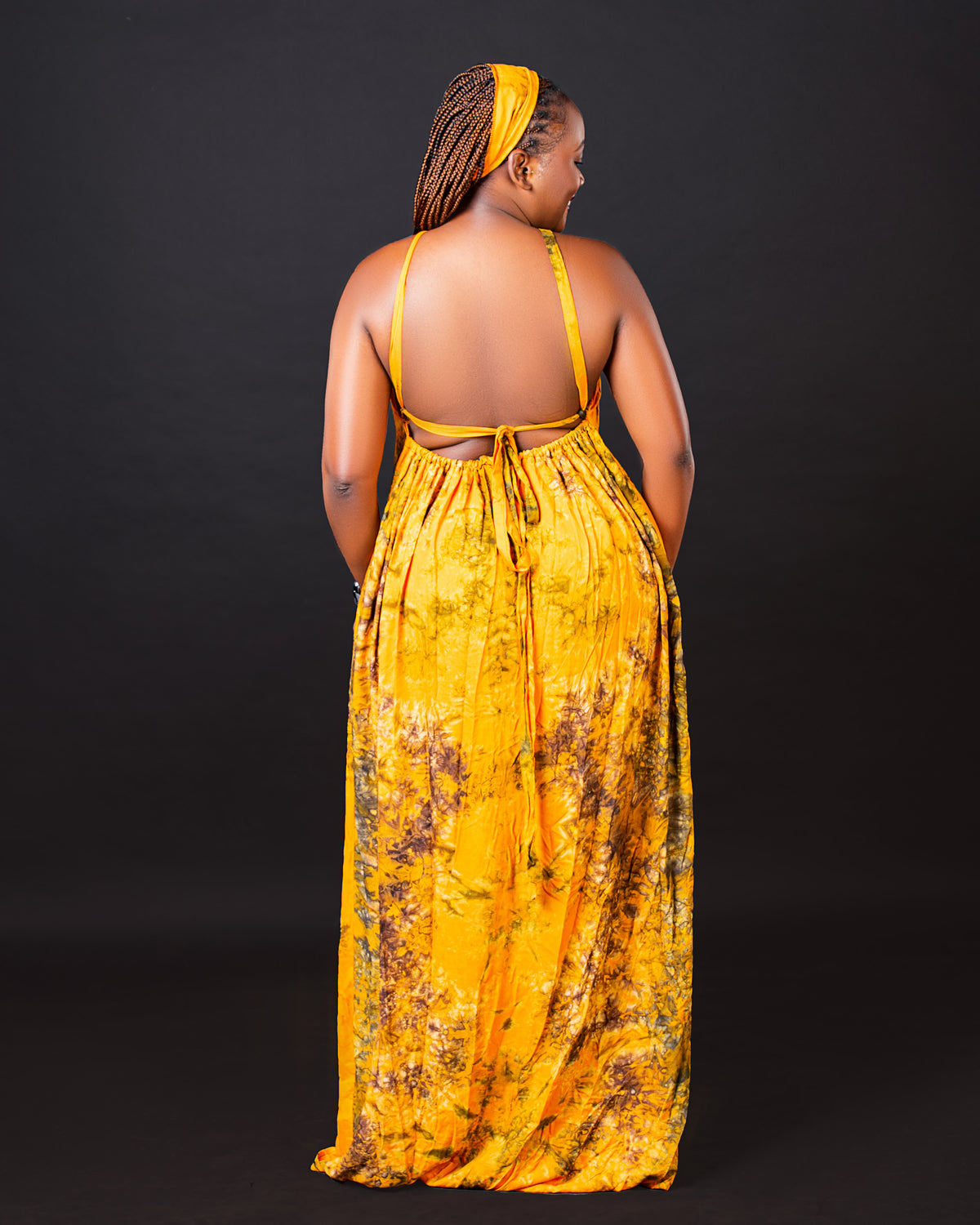 Zia Backless Maxi Dress | with in built boob support and head wrap -Yellow