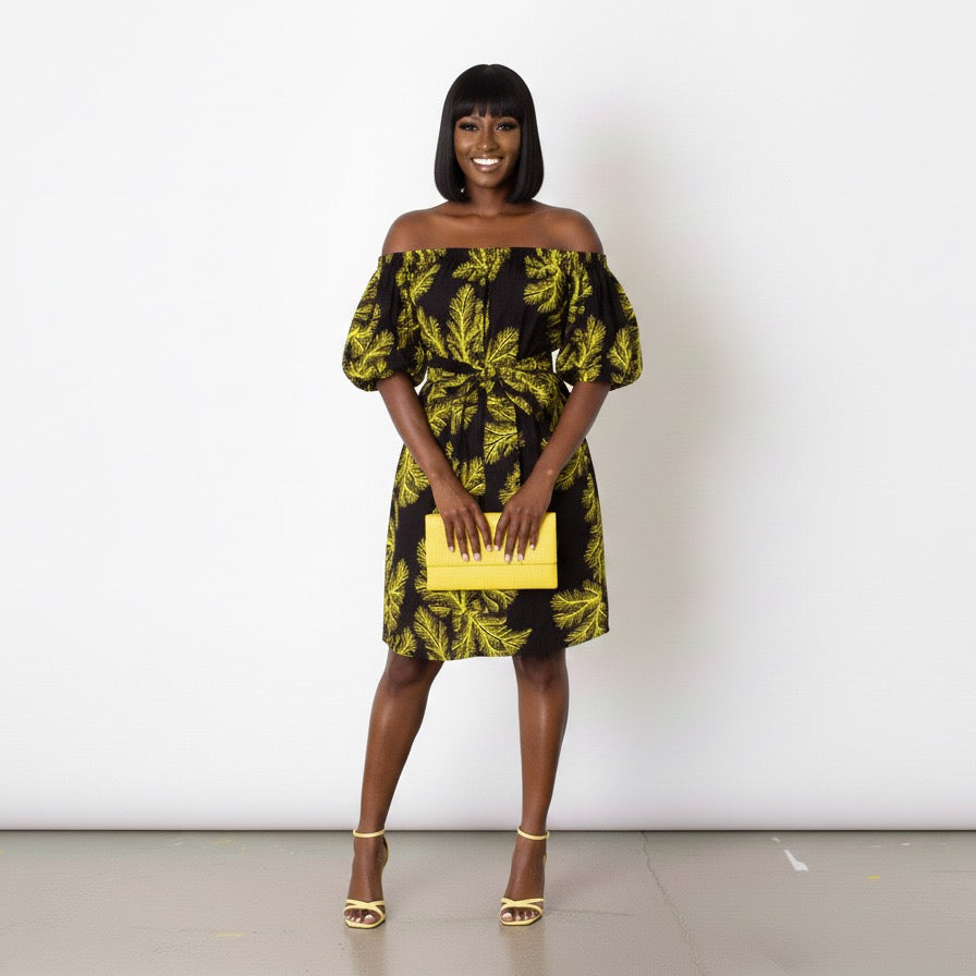 Nigist Women's African Print off shoulder Free Flowing Dress (Yellow)