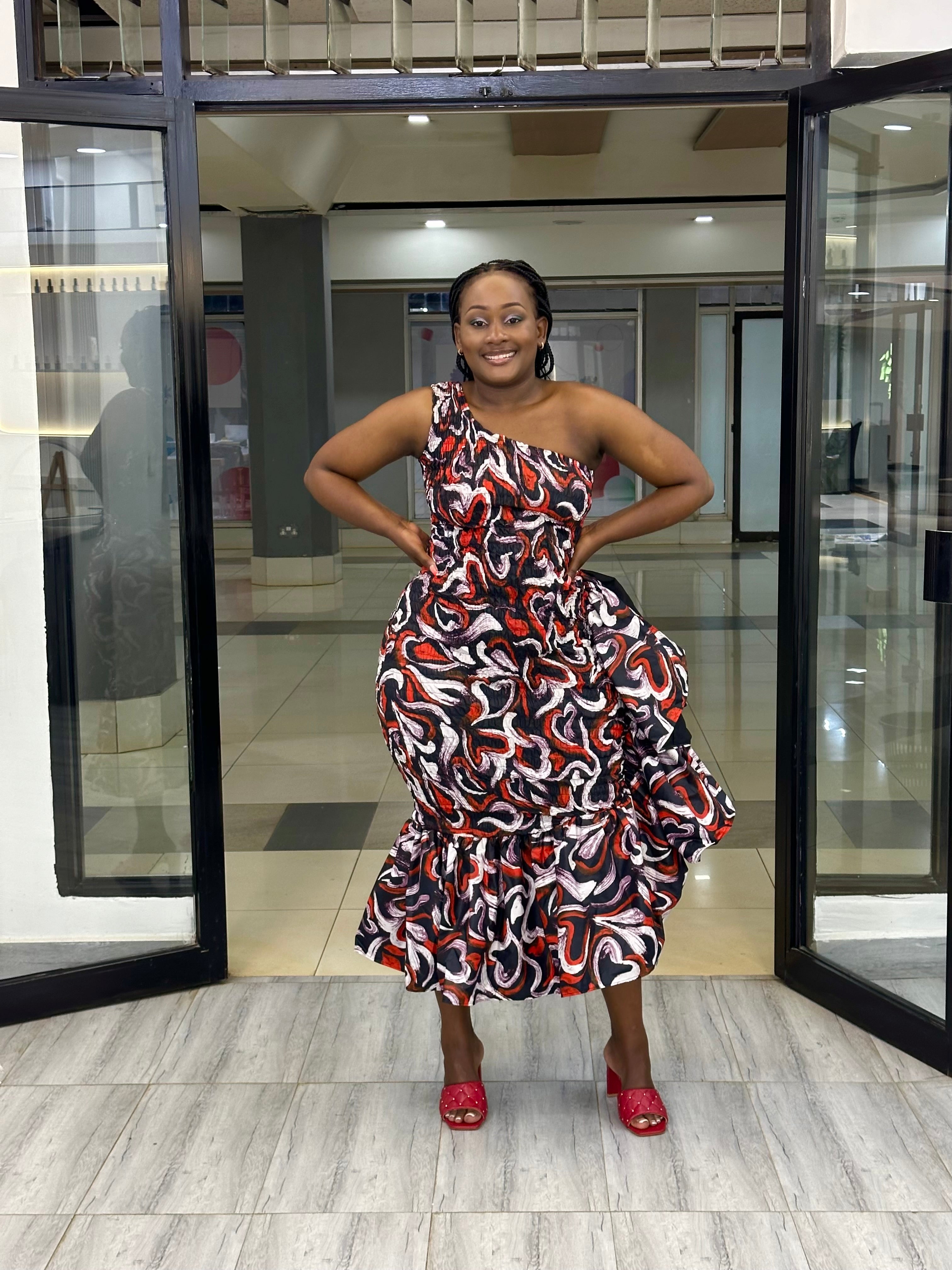 african print one shoulder dresses Naija Regalia Elegance Green Orange One-Shoulder Cutout Ankara African Dupsie's African Fashion