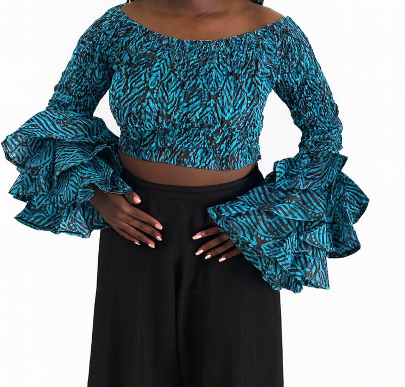 Soso Women's African Print Top with Dramatic Sleeves Blue