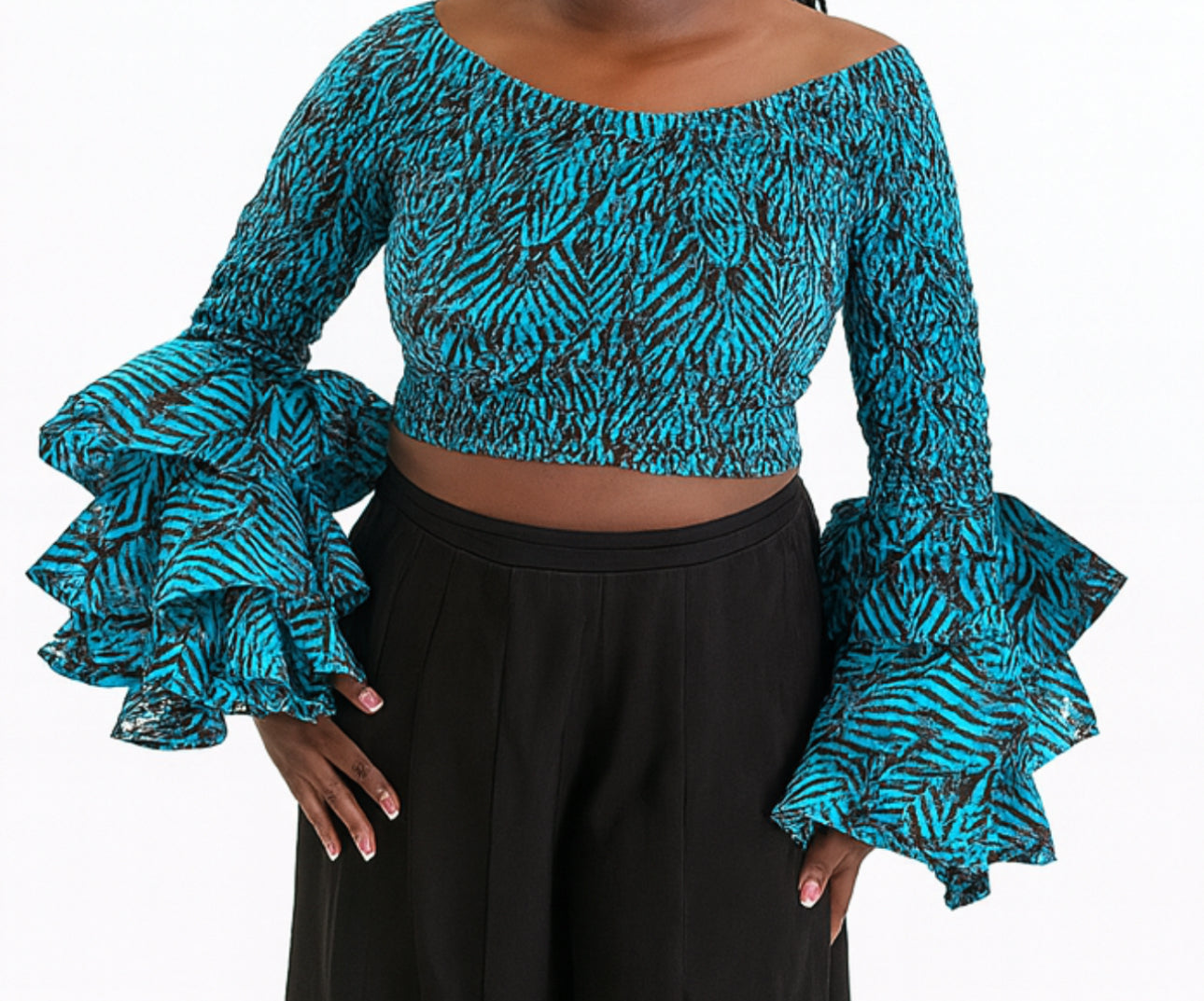 Soso Women's African Print Top with Dramatic Sleeves Blue