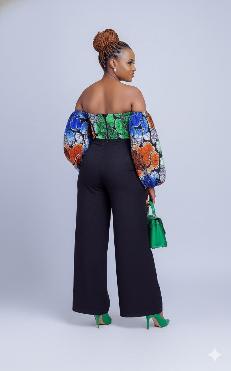 Samfaya Women's African Print Off Shoulder Crop Top (Blue)