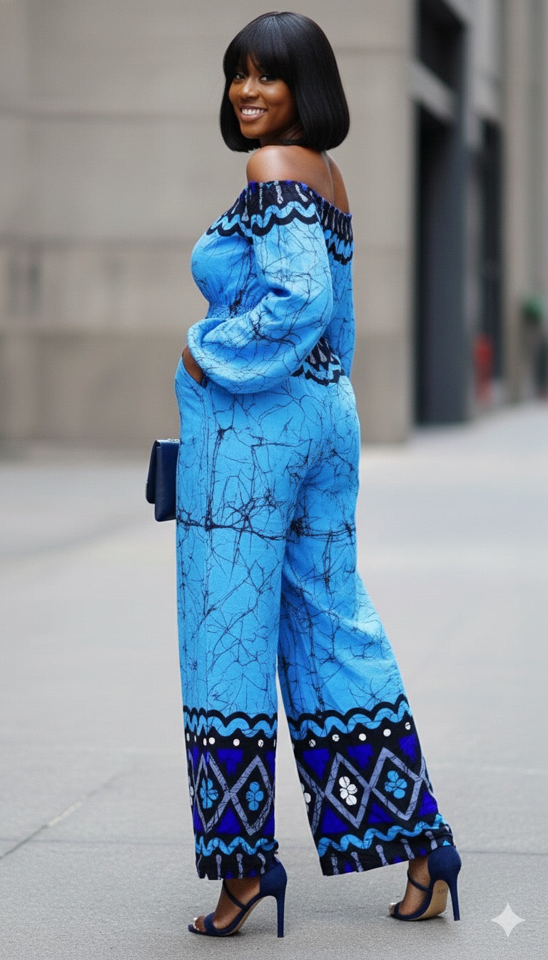 Ayaba Women's African Print Off-shoulder Jumpsuit (Blue)
