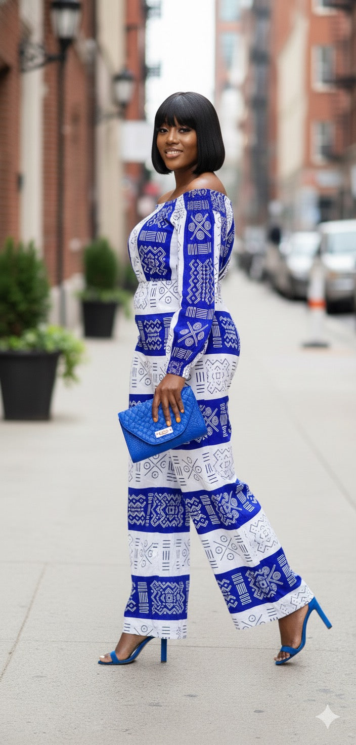 Ayaba Women's African Print Off-shoulder Jumpsuit (White and Blue)