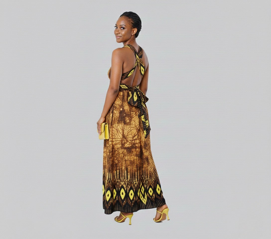 Ayaba Women's African Print Maxi Infinity Dress (Yellow and Brown)