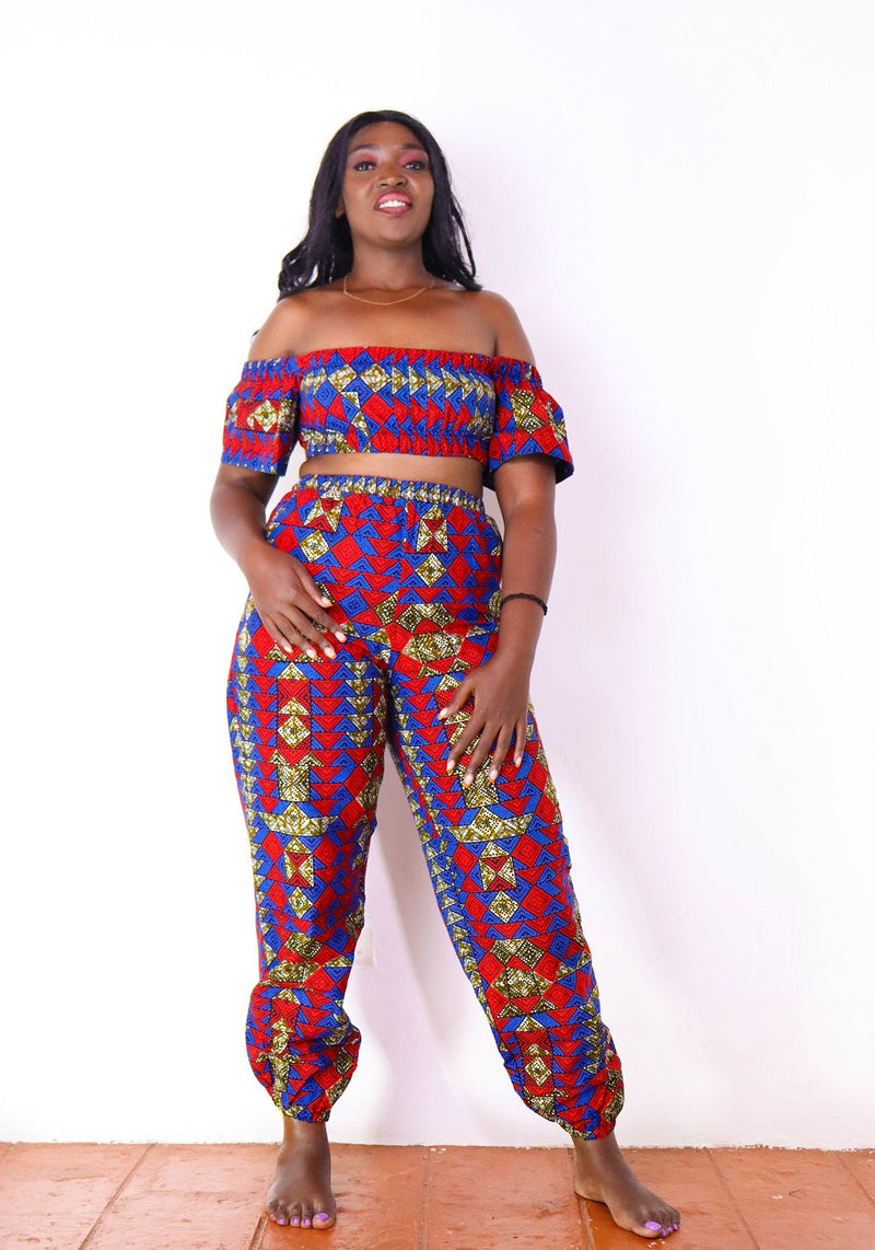 Feruzi Women's African Print Crop Top and Matching Pant sets (Pink)