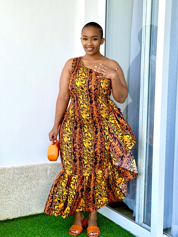 Cess Women's African Print One-Shoulder Ruffle Dress - Orange