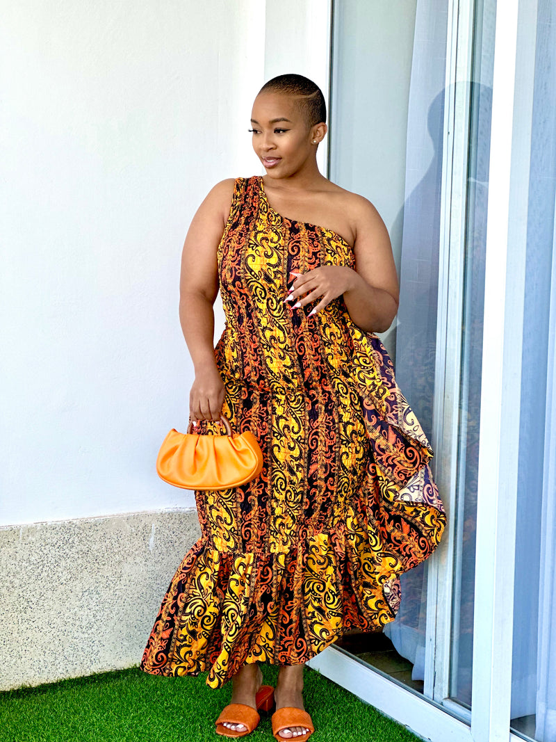 Cess Women's African Print One-Shoulder Ruffle Dress - Orange
