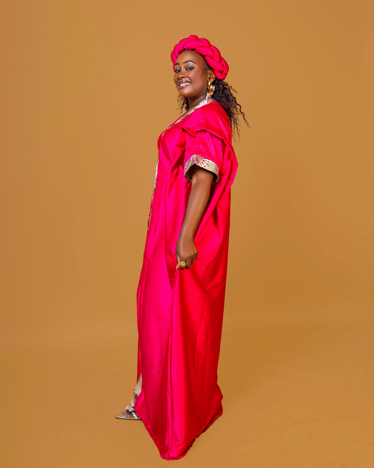 Regal Heritage Heavy Silk & Brocade Maxi Dress with Headpiece - Pink