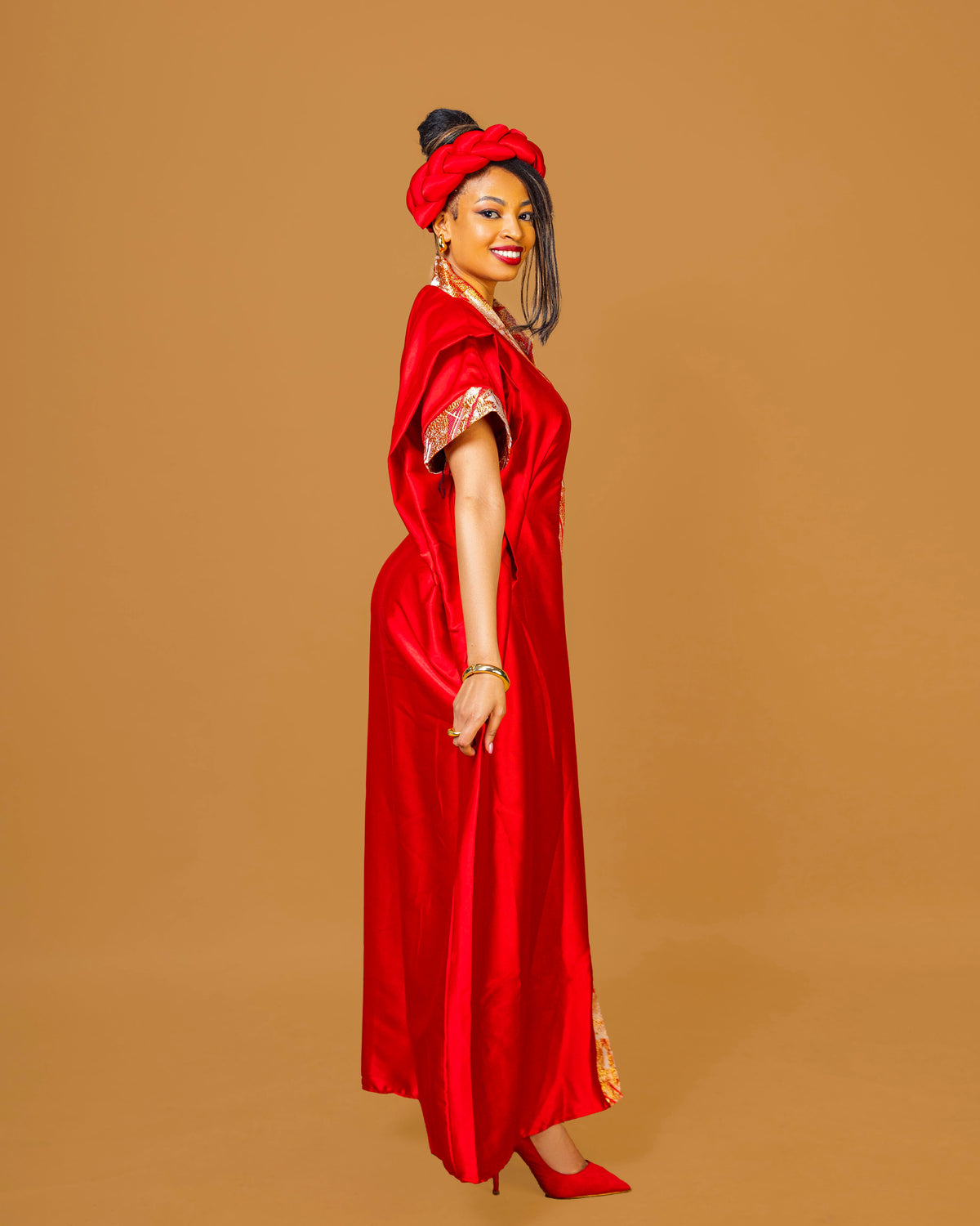 Regal Heritage Heavy Silk & Brocade Maxi Dress with Headpiece - Red