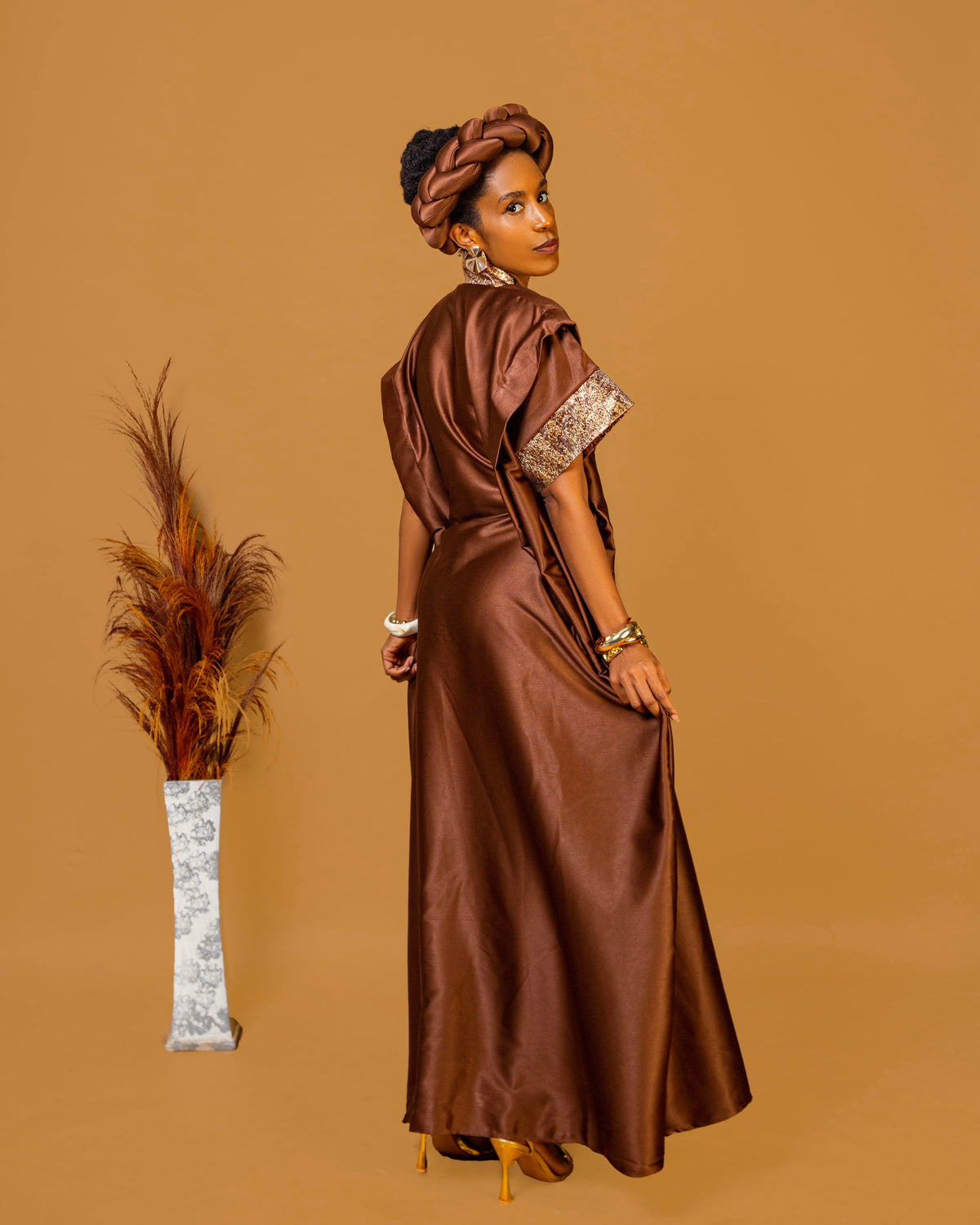 Regal Heritage Heavy Silk & Brocade Maxi Dress with Headpiece - Brown