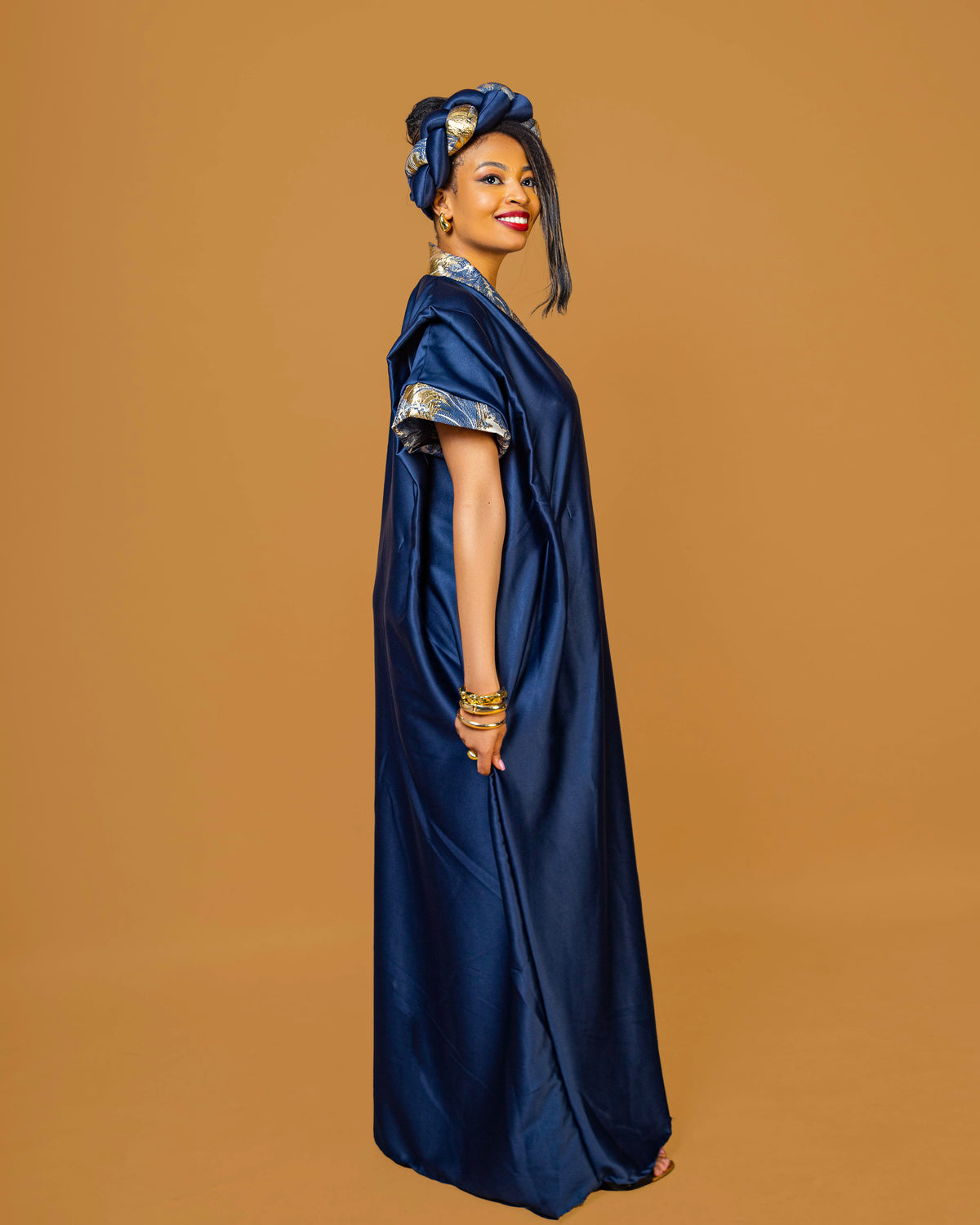 Regal Heritage Heavy Silk & Brocade Maxi Dress with Headpiece - Blue