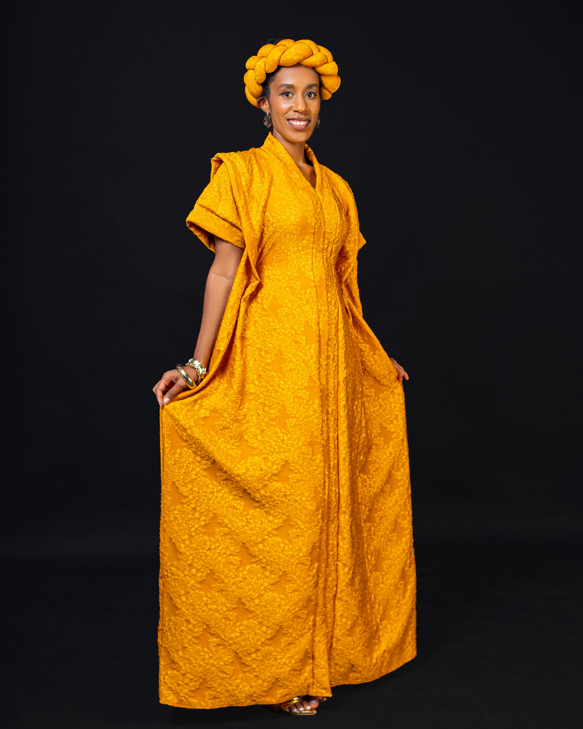 Noma Textured Crepe Maxi Kaftan with Matching Headpiece Set - Yellow