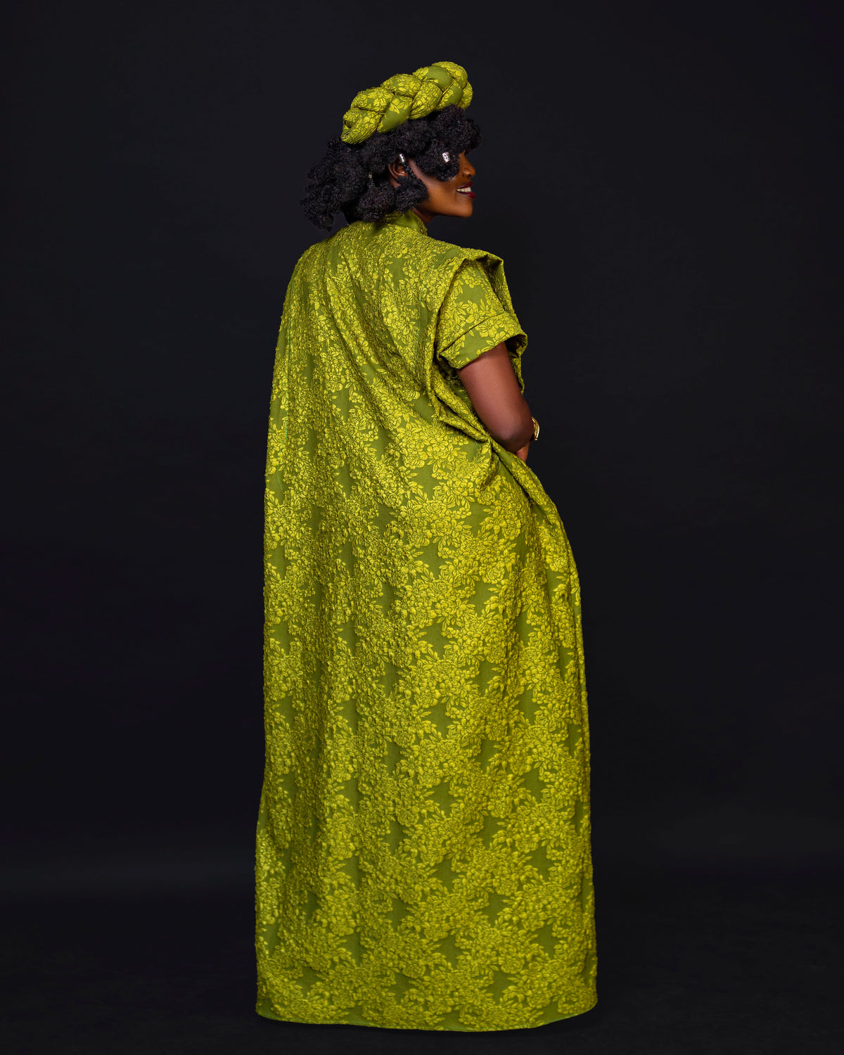 Noma Textured Crepe Maxi Kaftan with Matching Headpiece Set - Lime Green