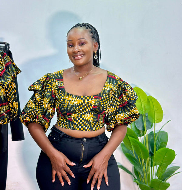 Amne Women's African Print Ruffle Top - Brown