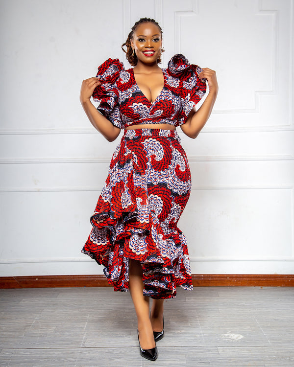 Dali Women's African Print Ruffled Skirt - Red