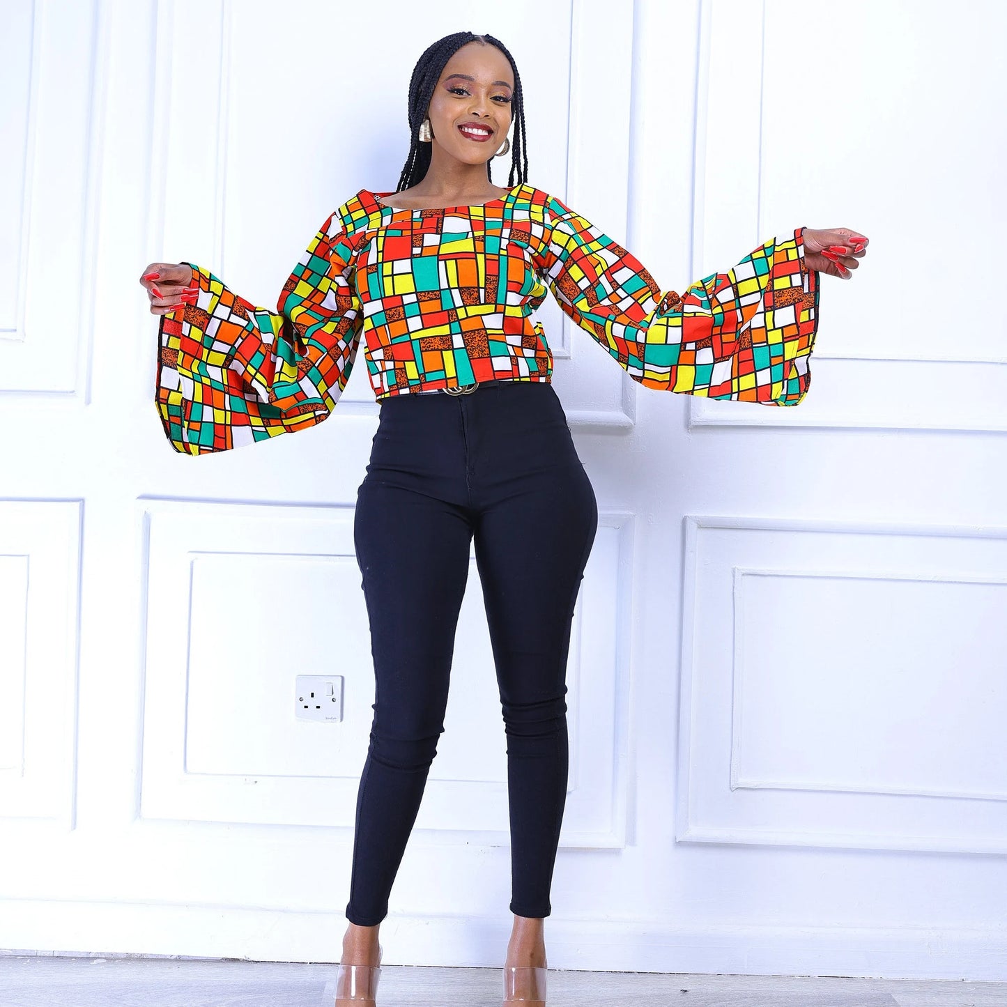 Charo Women's African Print Long-Sleeved Top (Orange & Yellow Print)
