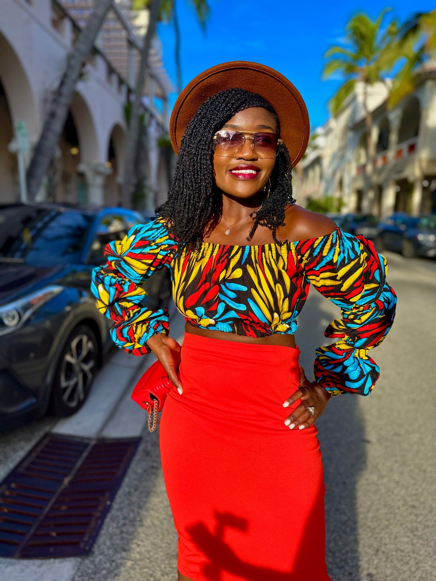 Shiro Women's African Print Off Shoulder Crop Top (Red/Blue)